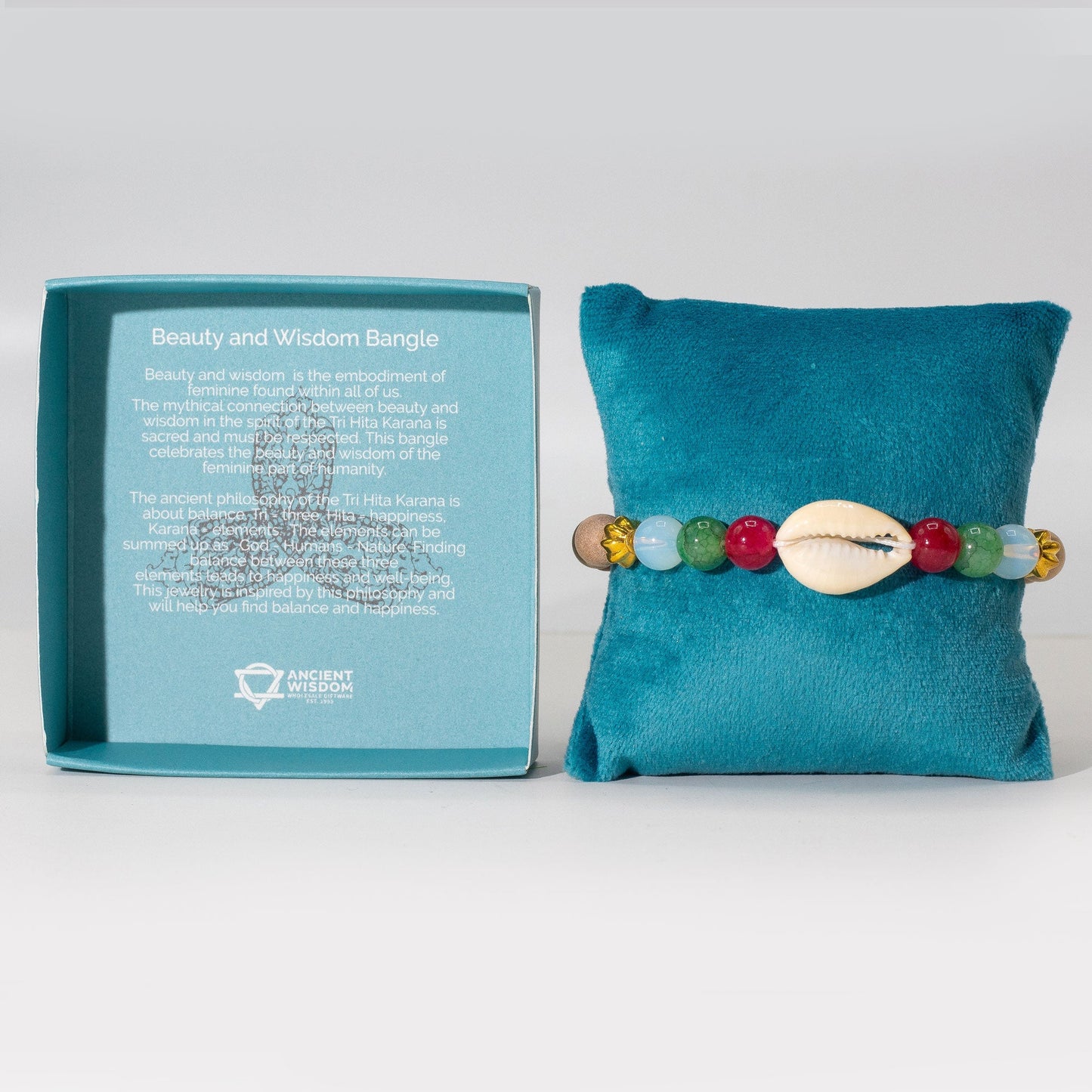 Tri Hita Karana Bracelet - Beauty and Wisdom product packaging on clean background from Quintessential Holistic Health Ltd