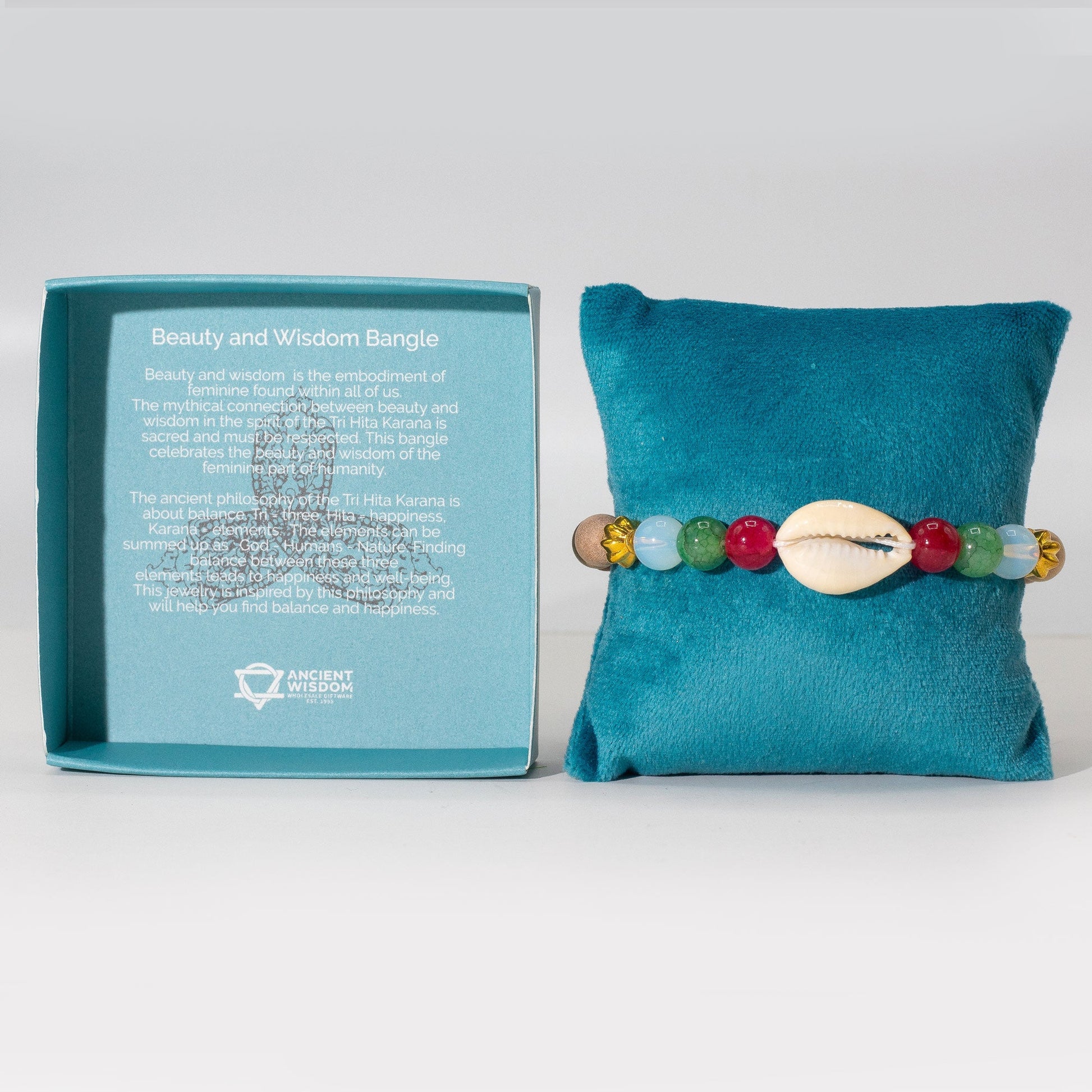Tri Hita Karana Bracelet - Beauty and Wisdom product packaging on clean background from Quintessential Holistic Health Ltd