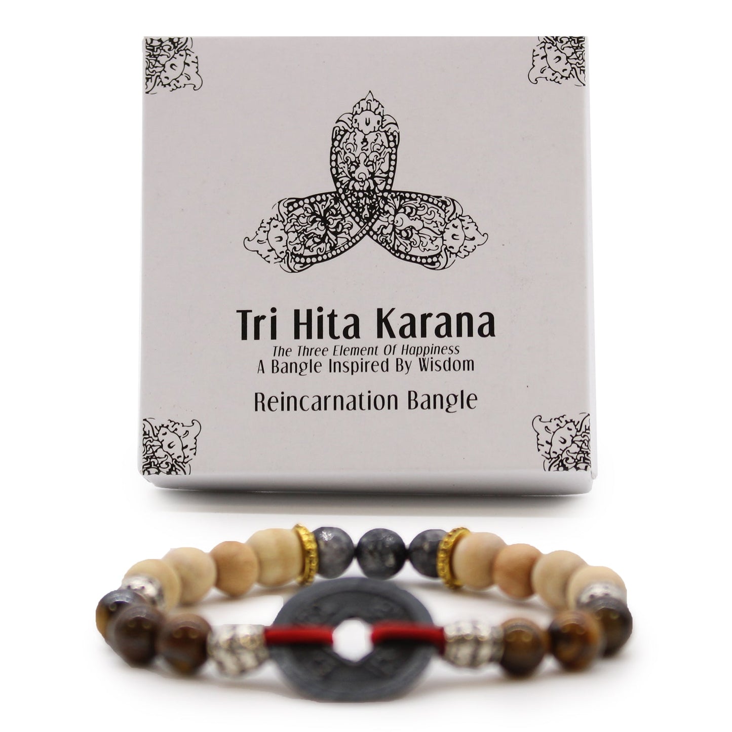 Tri Hita Karana Bracelet - Reincarnation product packaging on clean background from Quintessential Holistic Health Ltd