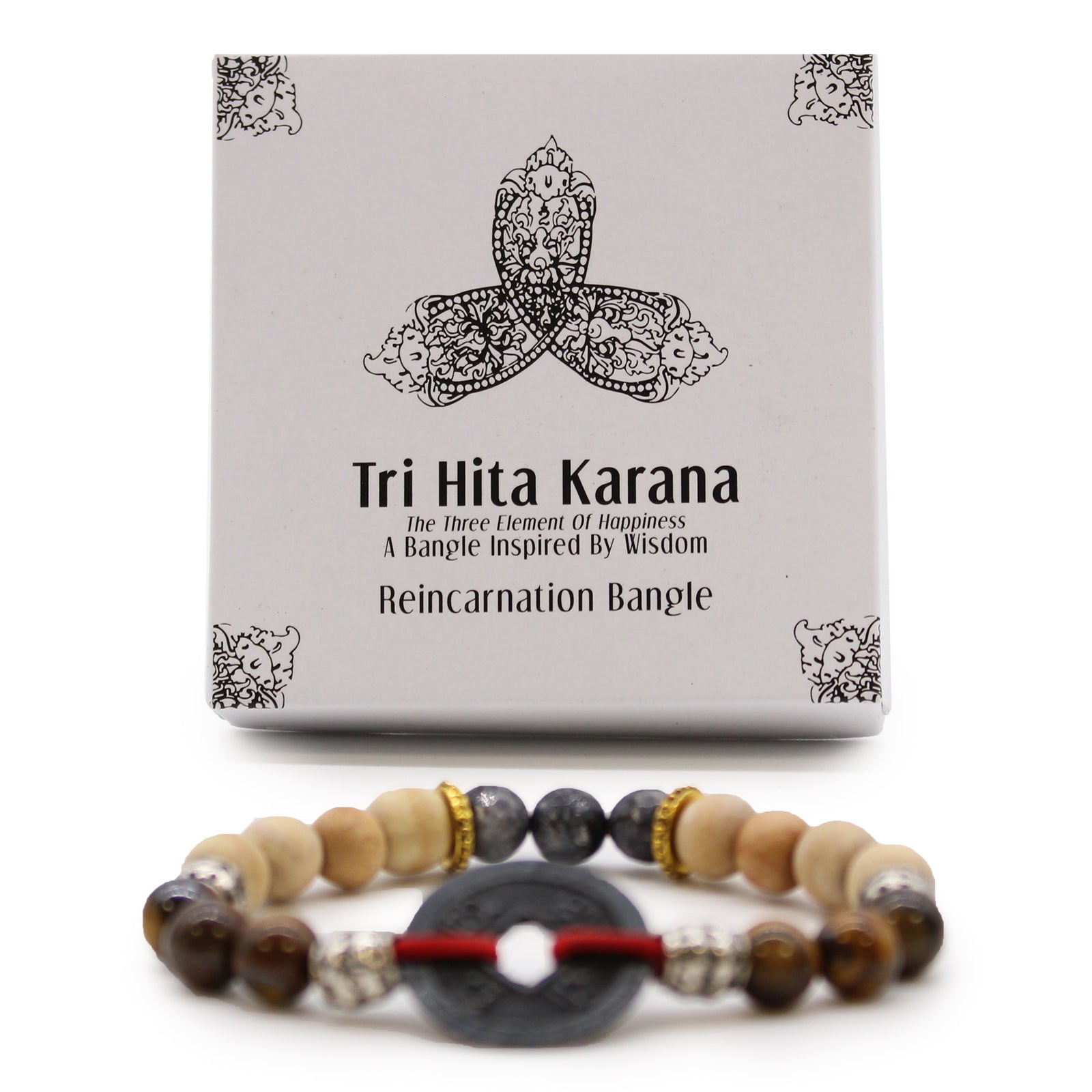 Tri Hita Karana Bracelet - Reincarnation product packaging on clean background from Quintessential Holistic Health Ltd