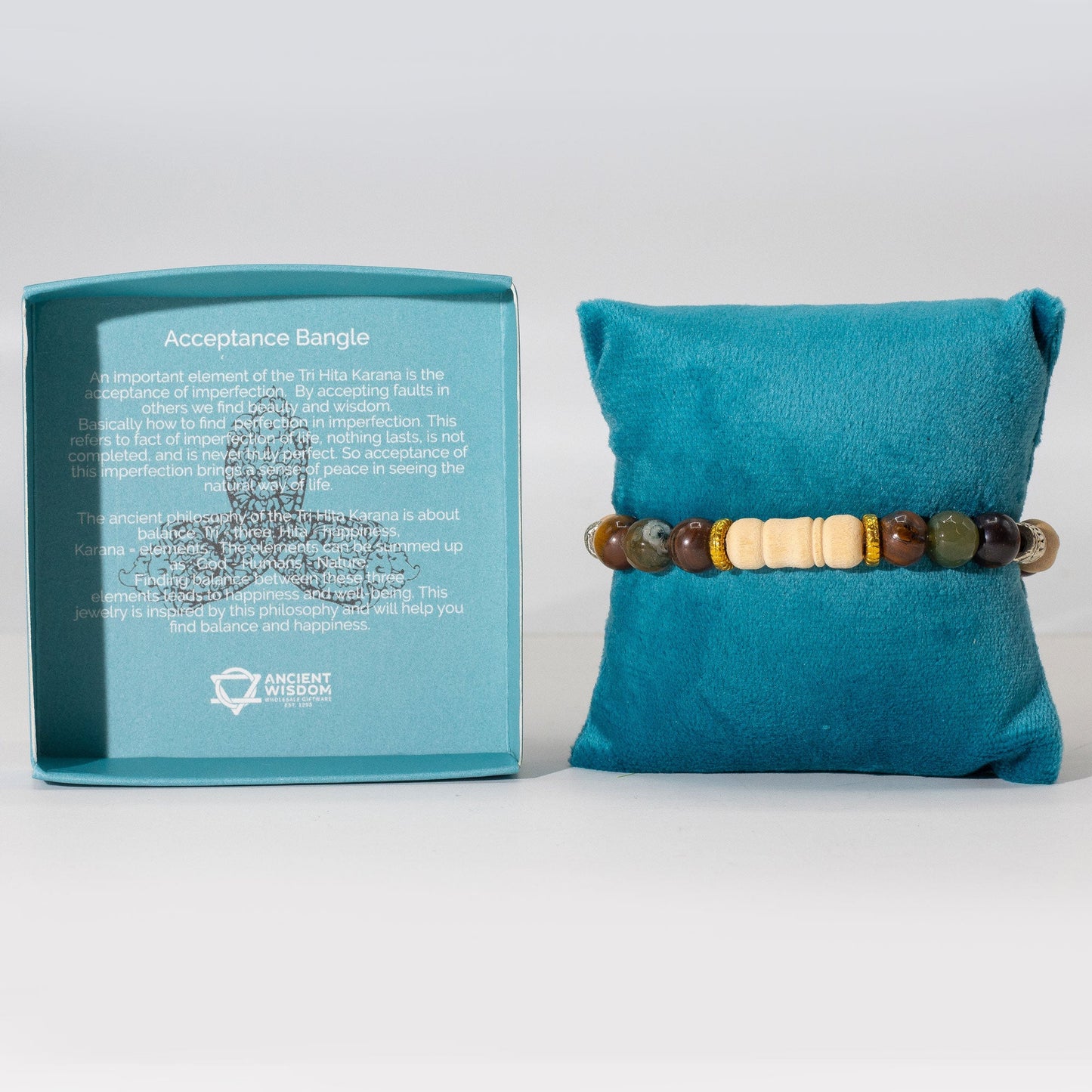 Tri Hita Karana Bracelet - Acceptance product packaging on clean background from Quintessential Holistic Health Ltd
