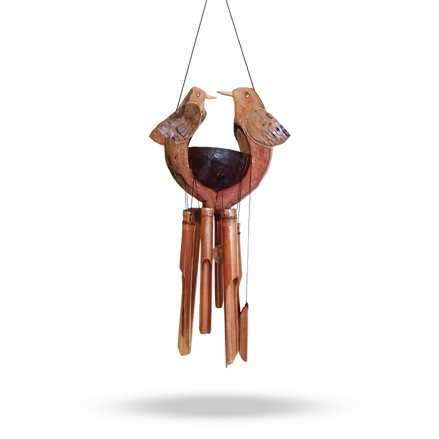 Handcrafted Bamboo Wind Chime - Natural - Love Birds with two carved birds above brown hanging tubes and a dark central ornament by Quintessential Holistic Health Ltd