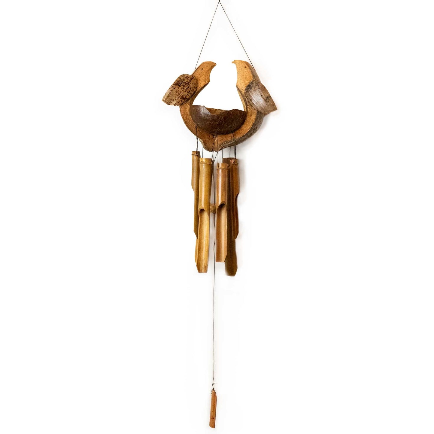 Handcrafted Bamboo Wind Chime - Natural - Love Birds with paired carved birds, three hanging tubes and a long central striker by Quintessential Holistic Health Ltd