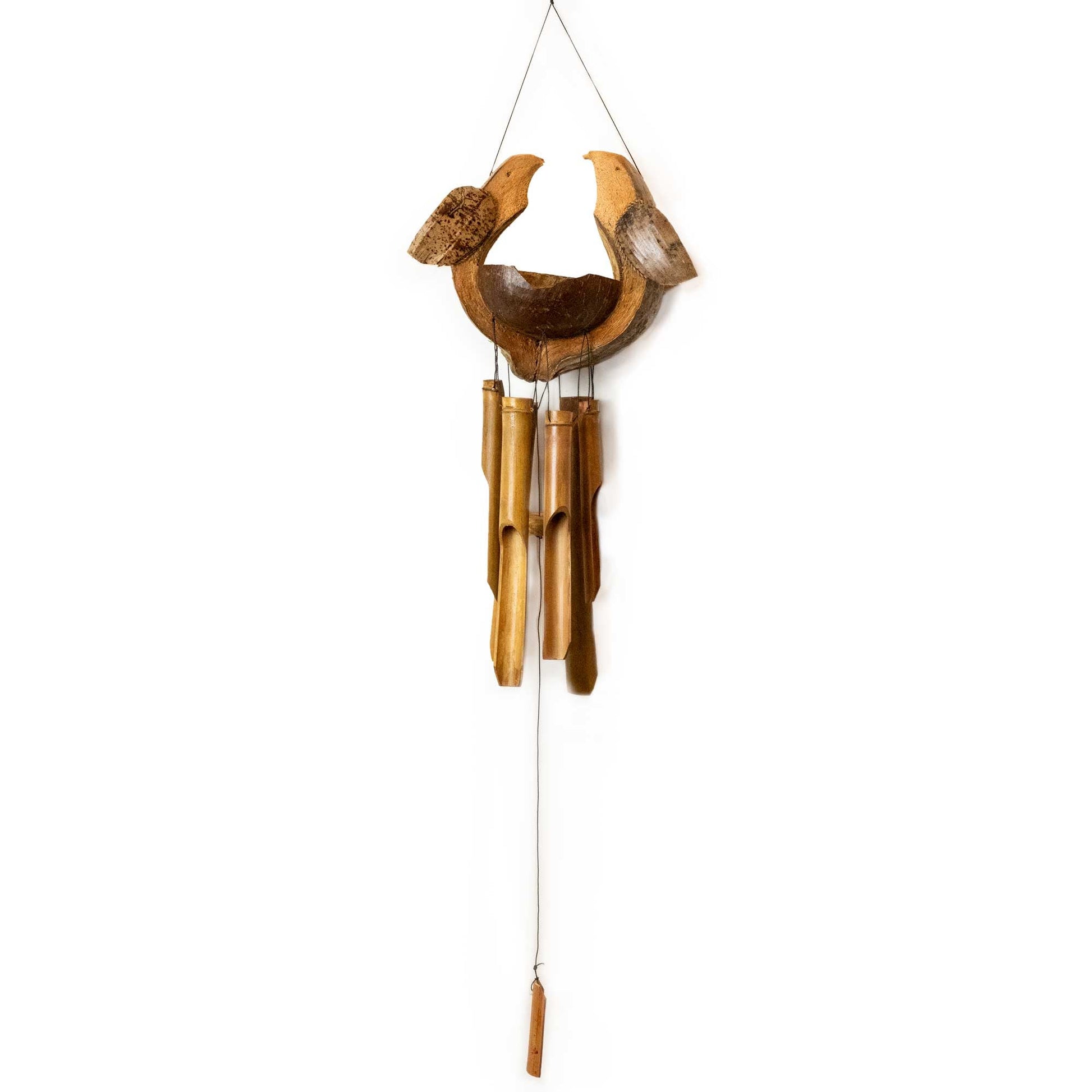 Handcrafted Bamboo Wind Chime - Natural - Love Birds with paired carved birds, three hanging tubes and a long central striker by Quintessential Holistic Health Ltd