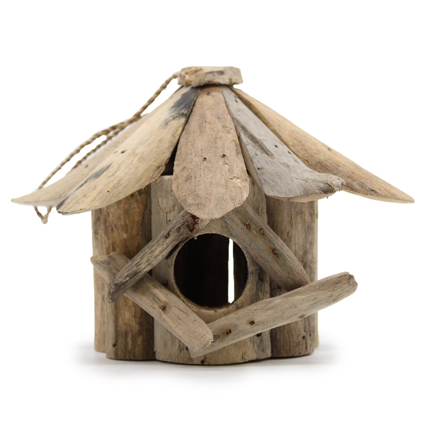 Handmade Recycled Driftwood Bird Box - Small, front view with a round entrance, broad layered roof and crossed branch trim, by Quintessential Holistic Health Ltd