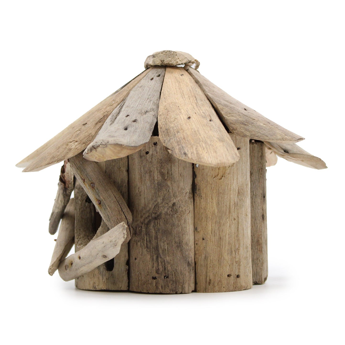Handmade Recycled Driftwood Bird Box - Small, rear view with a rounded wooden body, overlapping roof pieces and side branch trim, by Quintessential Holistic Health Ltd