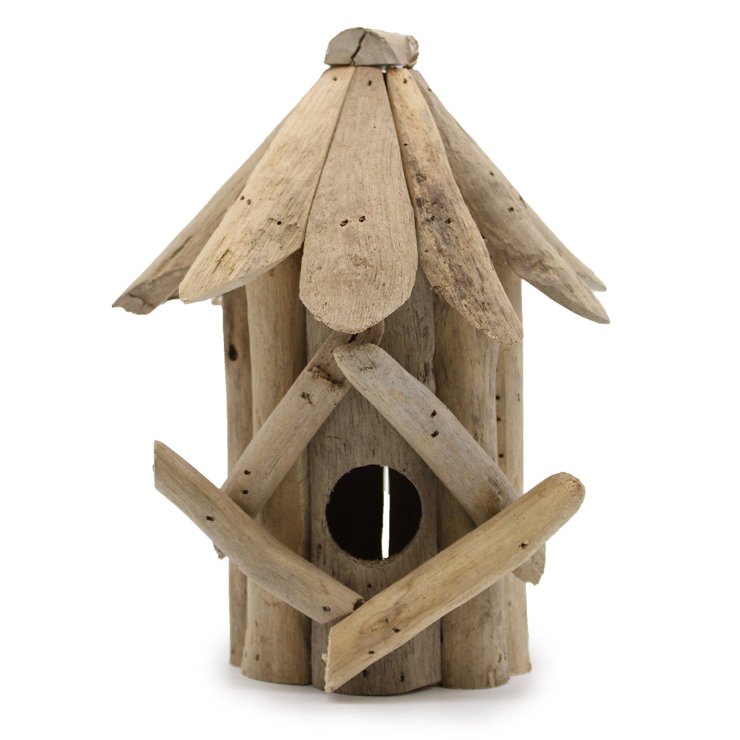 Handmade Recycled Driftwood Bird Box - Medium with a round entrance, layered pitched roof and crossed front branches by Quintessential Holistic Health Ltd