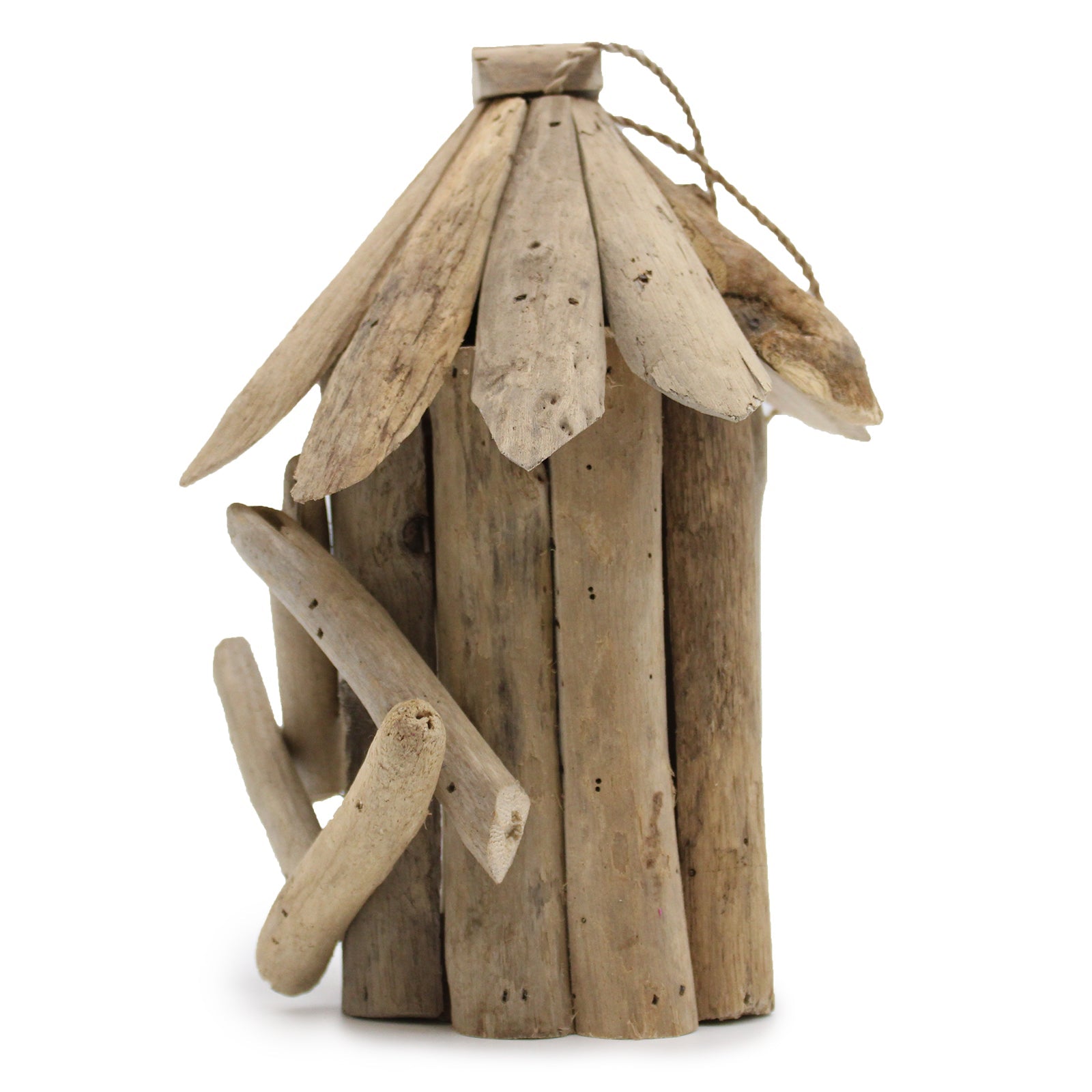 Handmade Recycled Driftwood Bird Box - Medium shown from the rear with a tall rounded body, overlapping roof pieces and branch trim by Quintessential Holistic Health Ltd