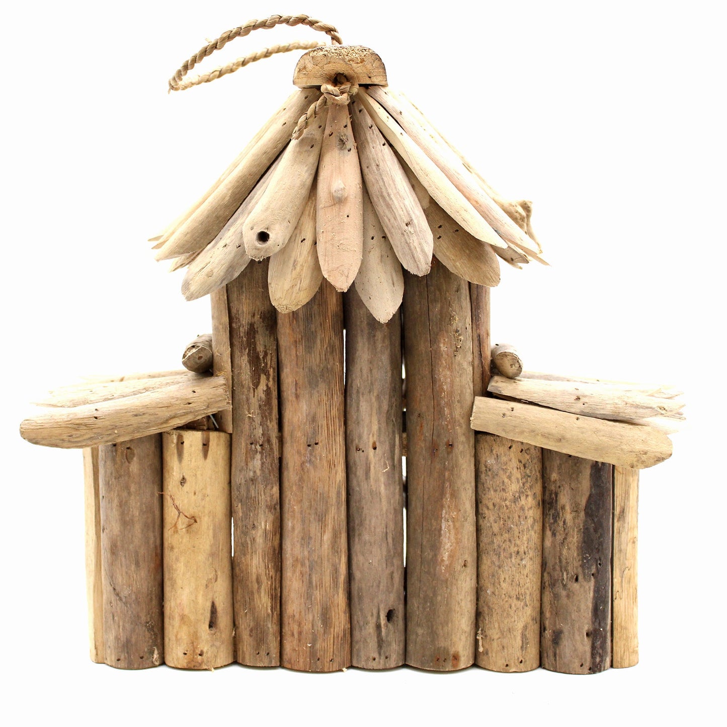 Handmade Recycled Driftwood Bird Box - Croft, rear view with a tall central section, layered roof and two side wings, by Quintessential Holistic Health Ltd