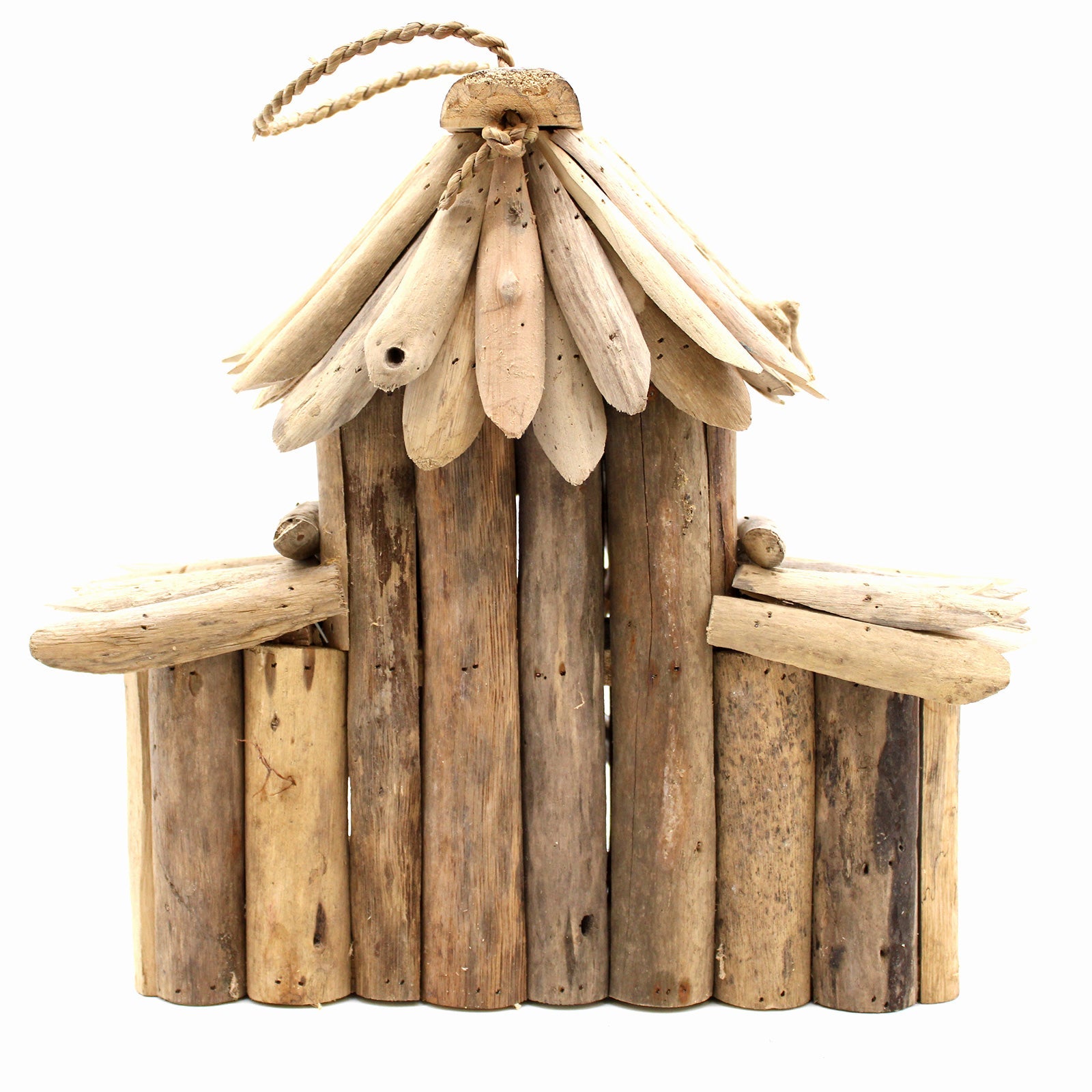 Handmade Recycled Driftwood Bird Box - Croft, rear view with a tall central section, layered roof and two side wings, by Quintessential Holistic Health Ltd