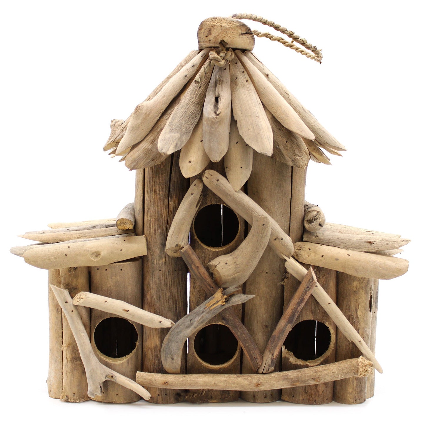 Handmade Recycled Driftwood Bird Box - Croft, front view with four round openings, branch trim and a layered roof, by Quintessential Holistic Health Ltd