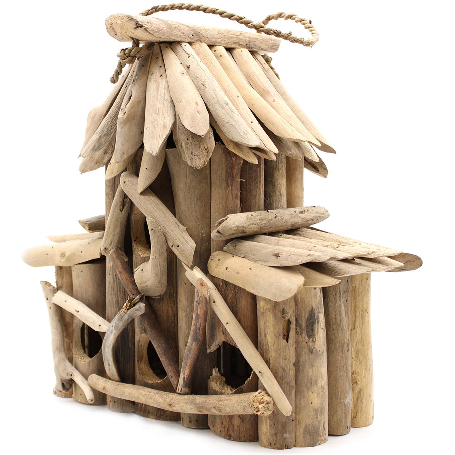 Handmade Recycled Driftwood Bird Box - Croft, three-quarter view with a central tower, side sections and curved branch details, by Quintessential Holistic Health Ltd