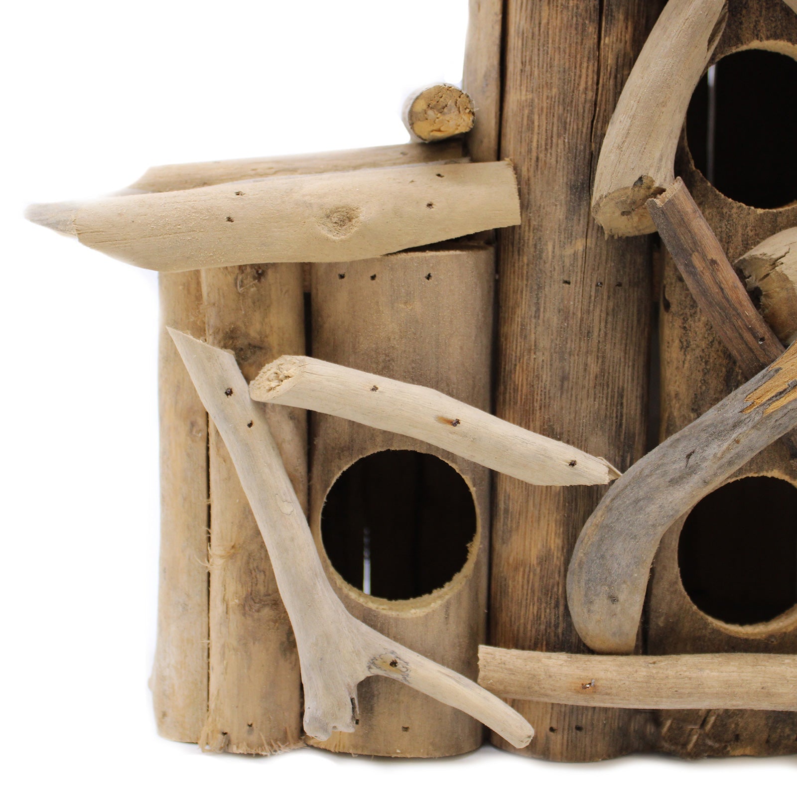 Handmade Recycled Driftwood Bird Box - Croft, close-up of round openings, projecting ledges and criss-cross branch decoration, by Quintessential Holistic Health Ltd