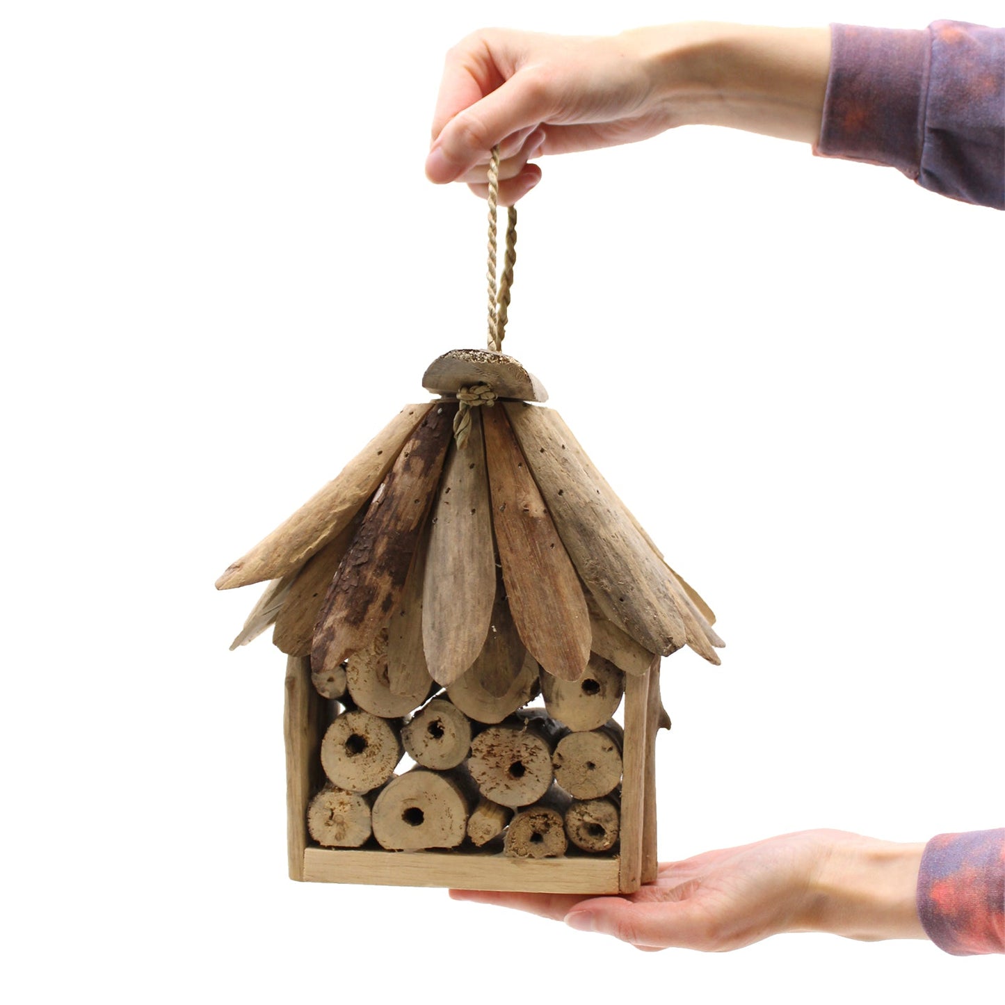 Handmade Recycled Driftwood Bee and Insect House product packaging on clean background from Quintessential Holistic Health Ltd