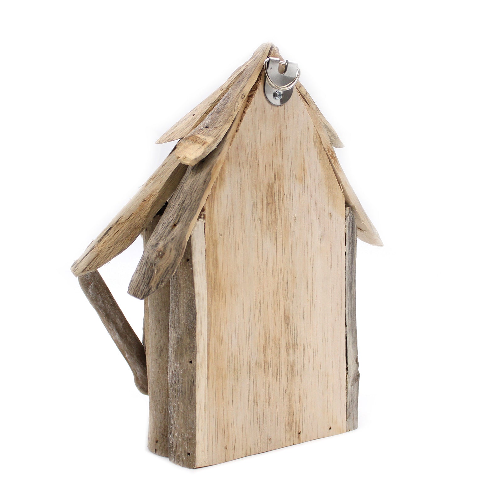 Handmade Wall-Hanging Recycled Driftwood Bird Box shown from the rear with a tall rectangular body, pitched roof and metal hanging loop by Quintessential Holistic Health Ltd
