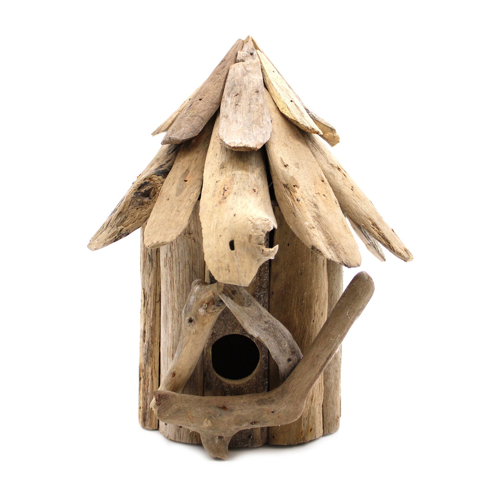 Handmade Wall-Hanging Recycled Driftwood Bird Box with a round entrance, layered roof and curved branch trim by Quintessential Holistic Health Ltd