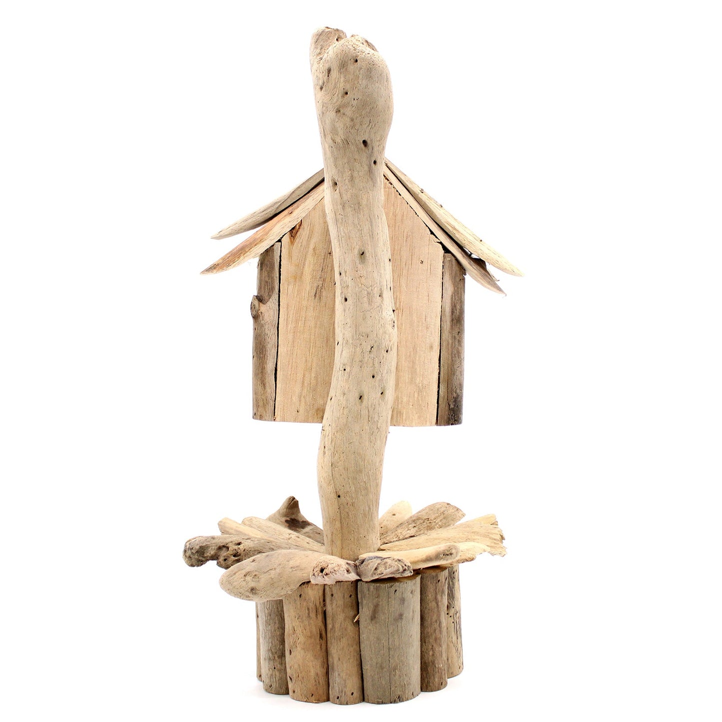Handmade Recycled Driftwood Bird Box on a Stand, rear view with a tall support post, layered roof and ringed log base, by Quintessential Holistic Health Ltd