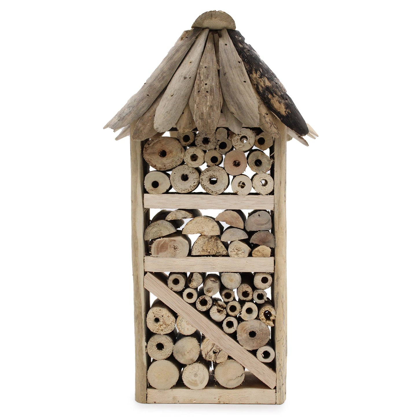Handmade Recycled Driftwood Bee and Insect Tall House, front view with a pointed roof and divided rows of drilled wooden tubes, by Quintessential Holistic Health Ltd