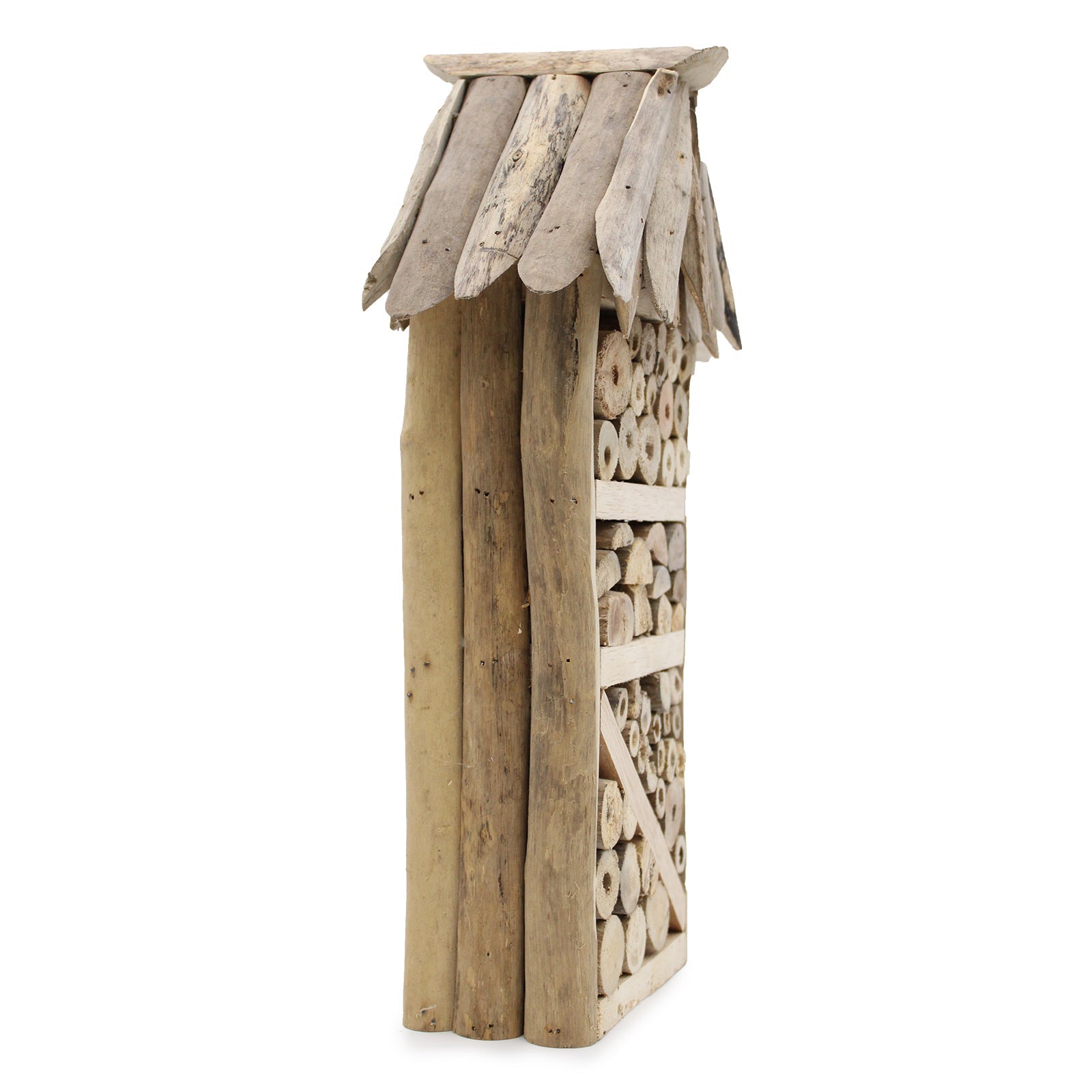 Handmade Recycled Driftwood Bee and Insect Tall House, side view showing its narrow tower, layered roof and filled compartments, by Quintessential Holistic Health Ltd