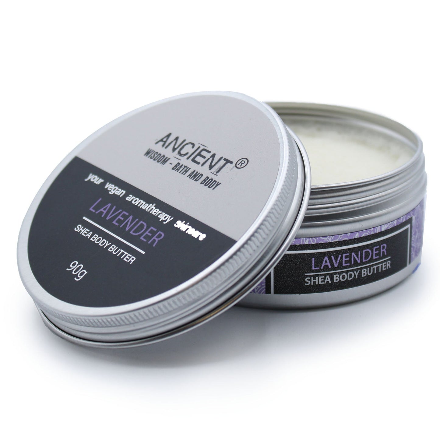 Lavender Vegan-Friendly Shea Body Butter 90g in an open round tin with the labelled lid leaning forward by Quintessential Holistic Health Ltd
