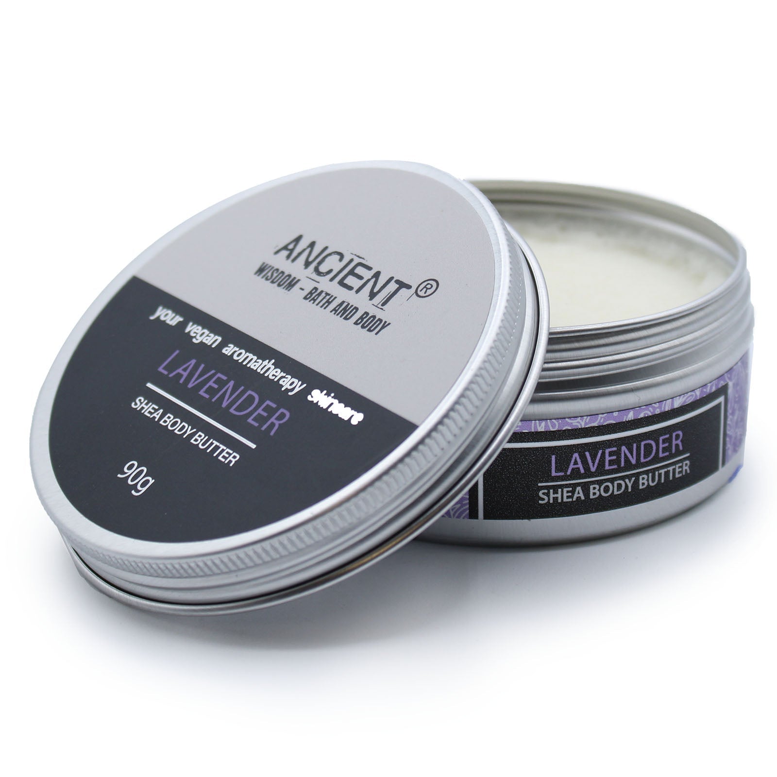 Lavender Vegan-Friendly Shea Body Butter 90g in an open round tin with the labelled lid leaning forward by Quintessential Holistic Health Ltd