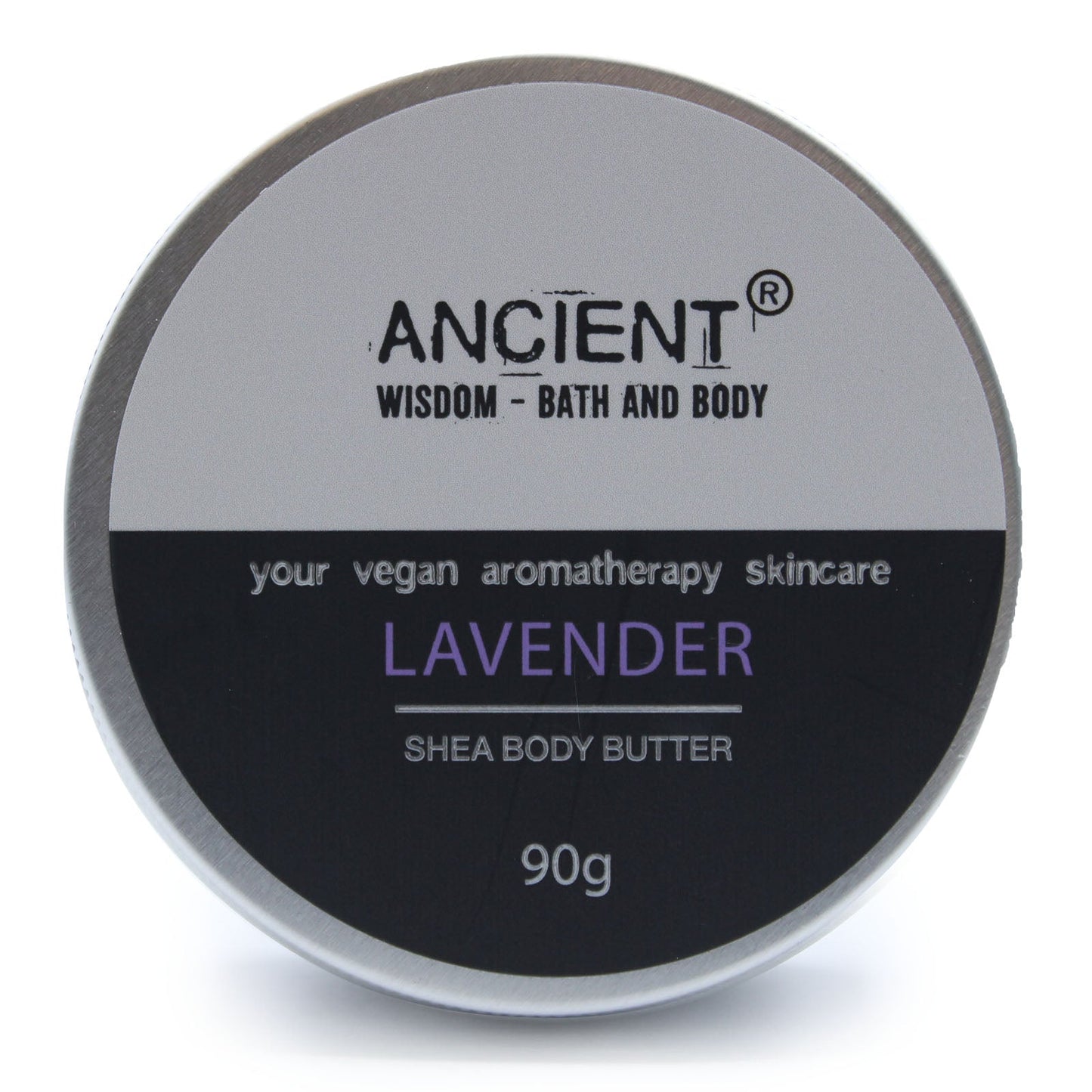 Lavender Vegan-Friendly Shea Body Butter 90g shown as a closed round tin with its front label visible by Quintessential Holistic Health Ltd