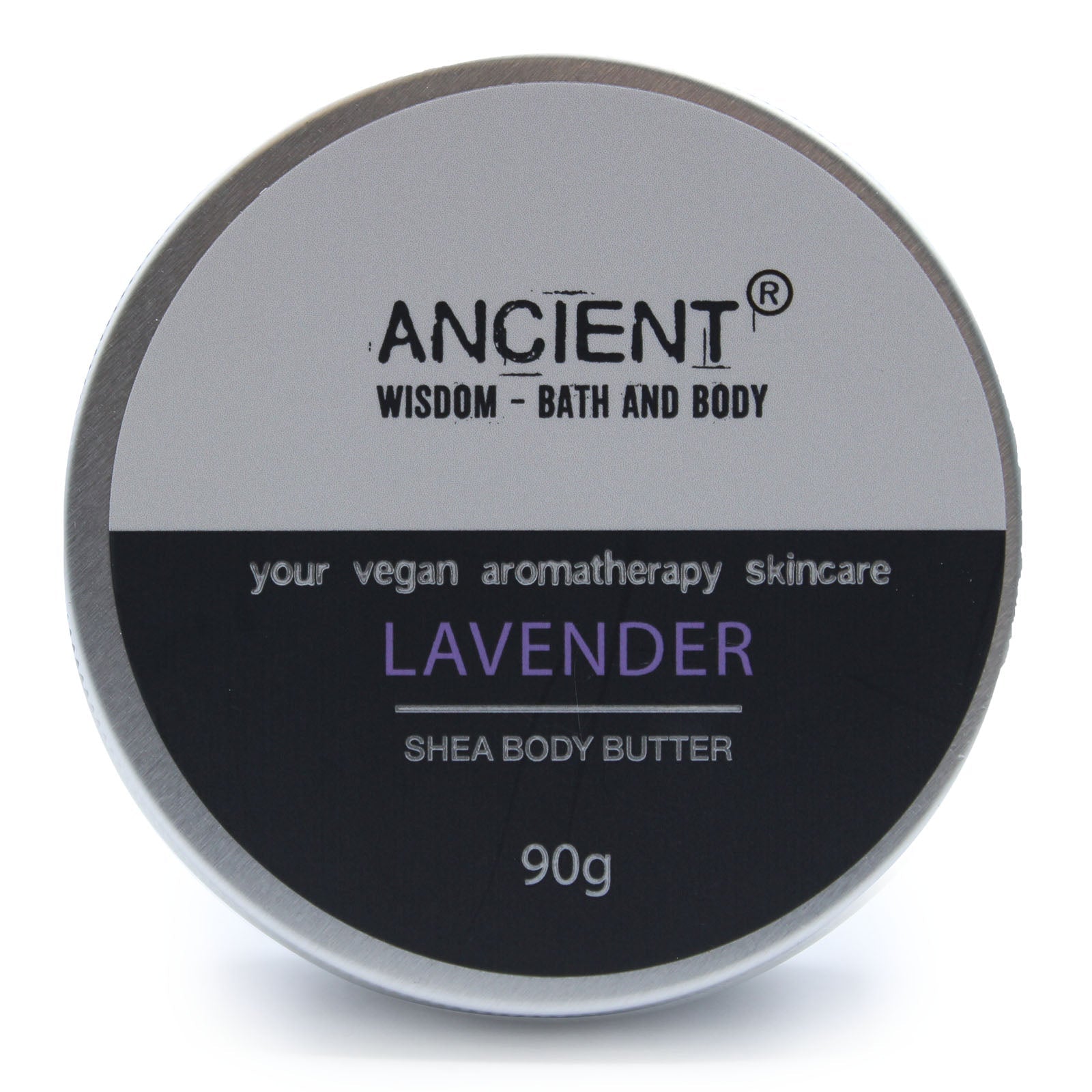 Lavender Vegan-Friendly Shea Body Butter 90g shown as a closed round tin with its front label visible by Quintessential Holistic Health Ltd