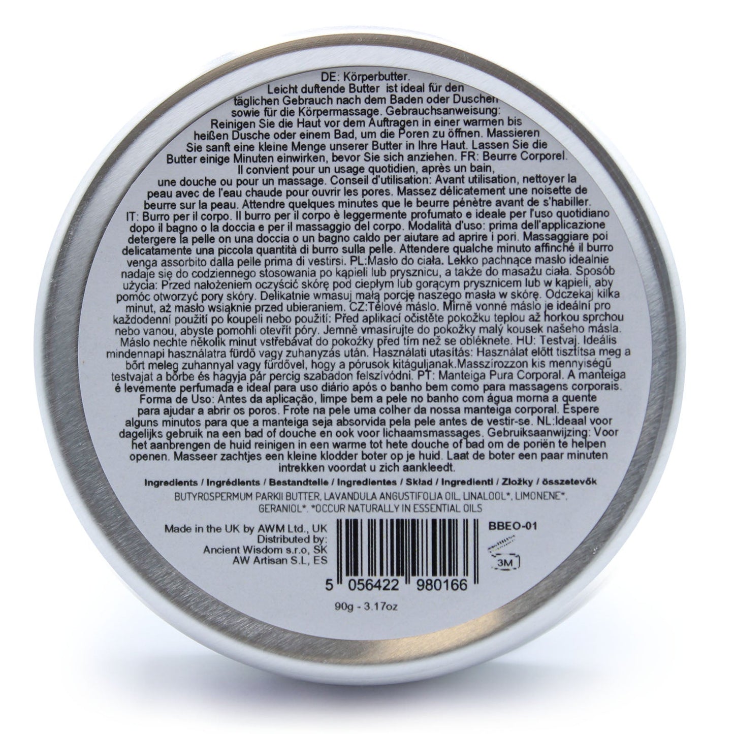 Lavender Vegan-Friendly Shea Body Butter 90g shown from the base with a circular information label and barcode by Quintessential Holistic Health Ltd