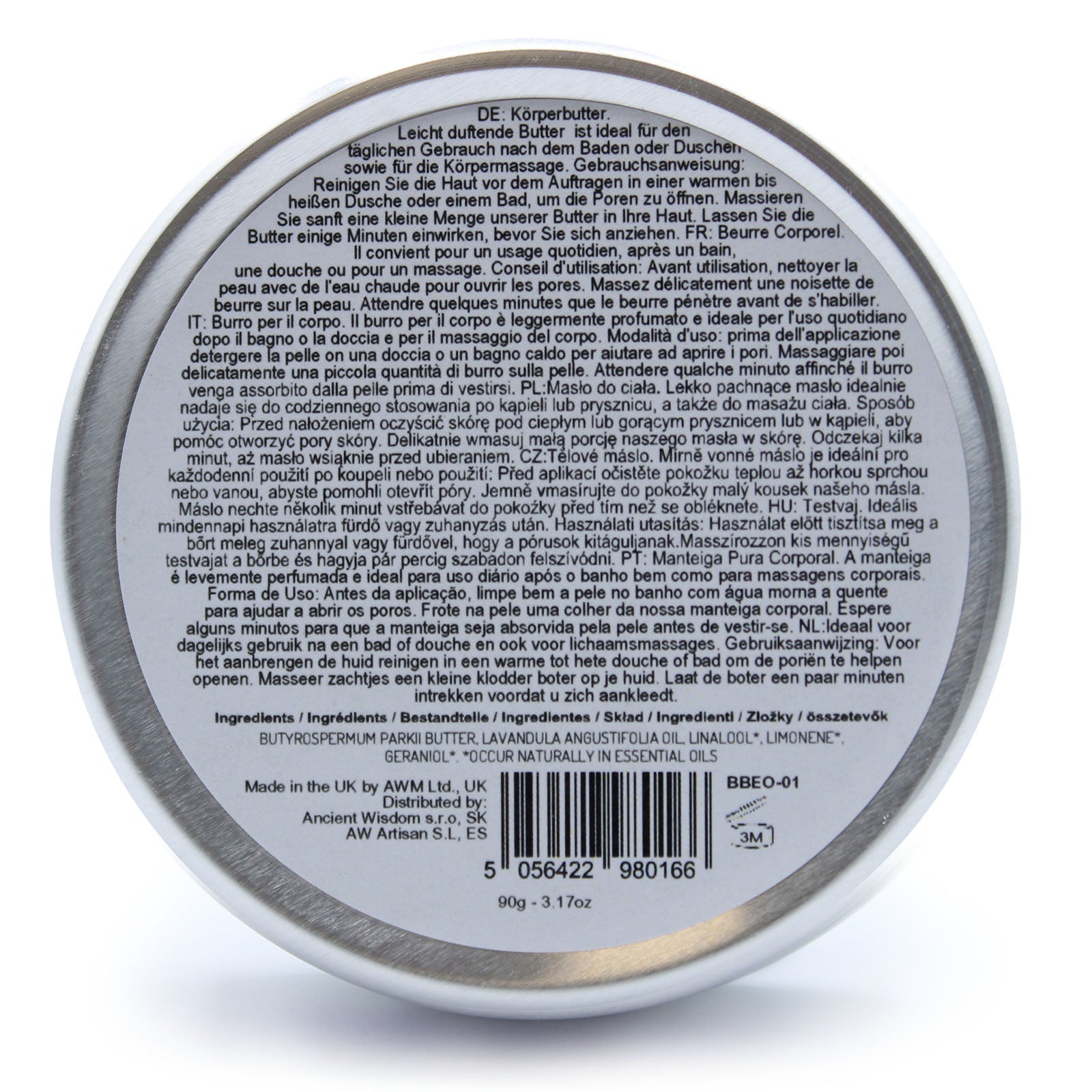 Lavender Vegan-Friendly Shea Body Butter 90g shown from the base with a circular information label and barcode by Quintessential Holistic Health Ltd