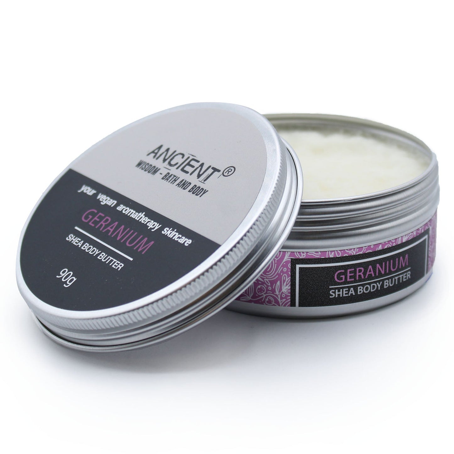 90g Vegan-Friendly Pure Essential Oil Aromatherapy Shea Body Butter - Geranium product packaging on clean background from Quintessential Holistic Health Ltd