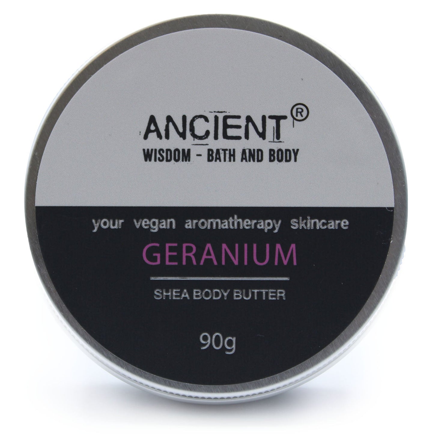90g Vegan-Friendly Pure Essential Oil Aromatherapy Shea Body Butter - Geranium product packaging on clean background from Quintessential Holistic Health Ltd