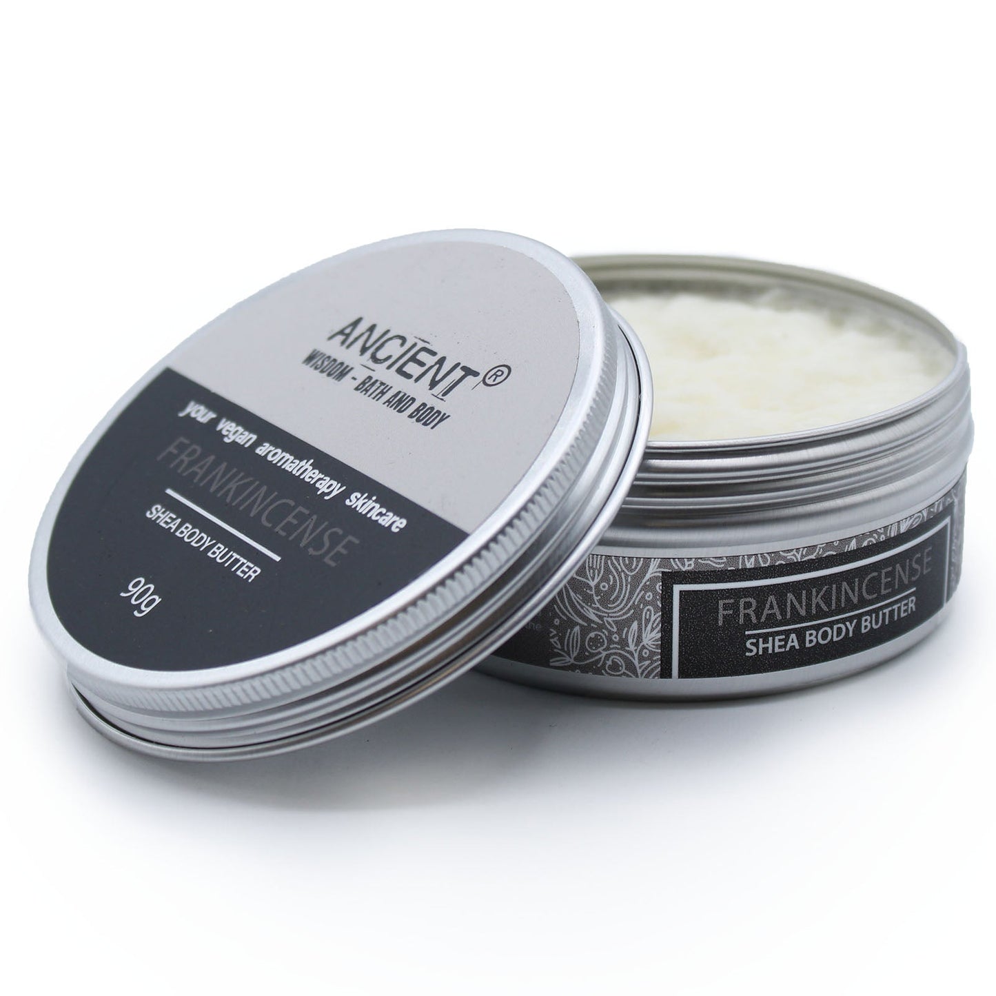 Frankincense Vegan-Friendly Shea Body Butter 90g in an open round tin with the labelled lid resting across it by Quintessential Holistic Health Ltd