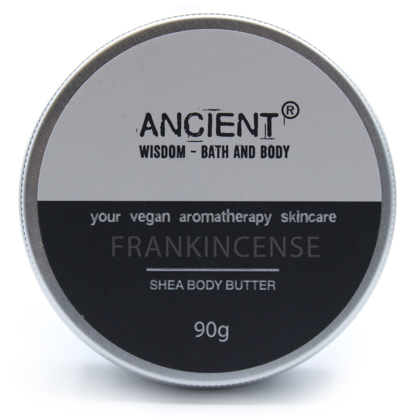 Frankincense Vegan-Friendly Shea Body Butter 90g shown as a closed round tin with its front label visible by Quintessential Holistic Health Ltd