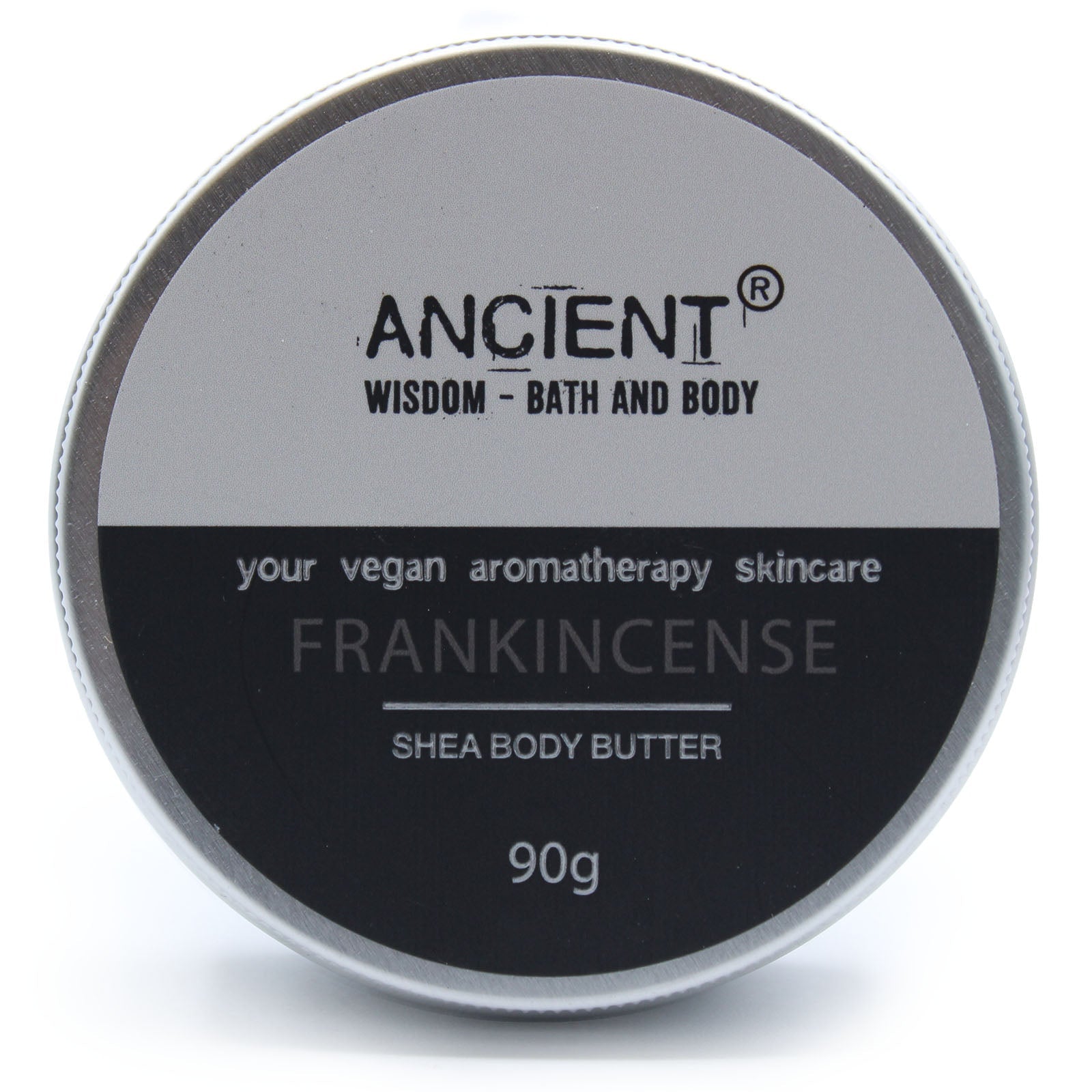 Frankincense Vegan-Friendly Shea Body Butter 90g shown as a closed round tin with its front label visible by Quintessential Holistic Health Ltd