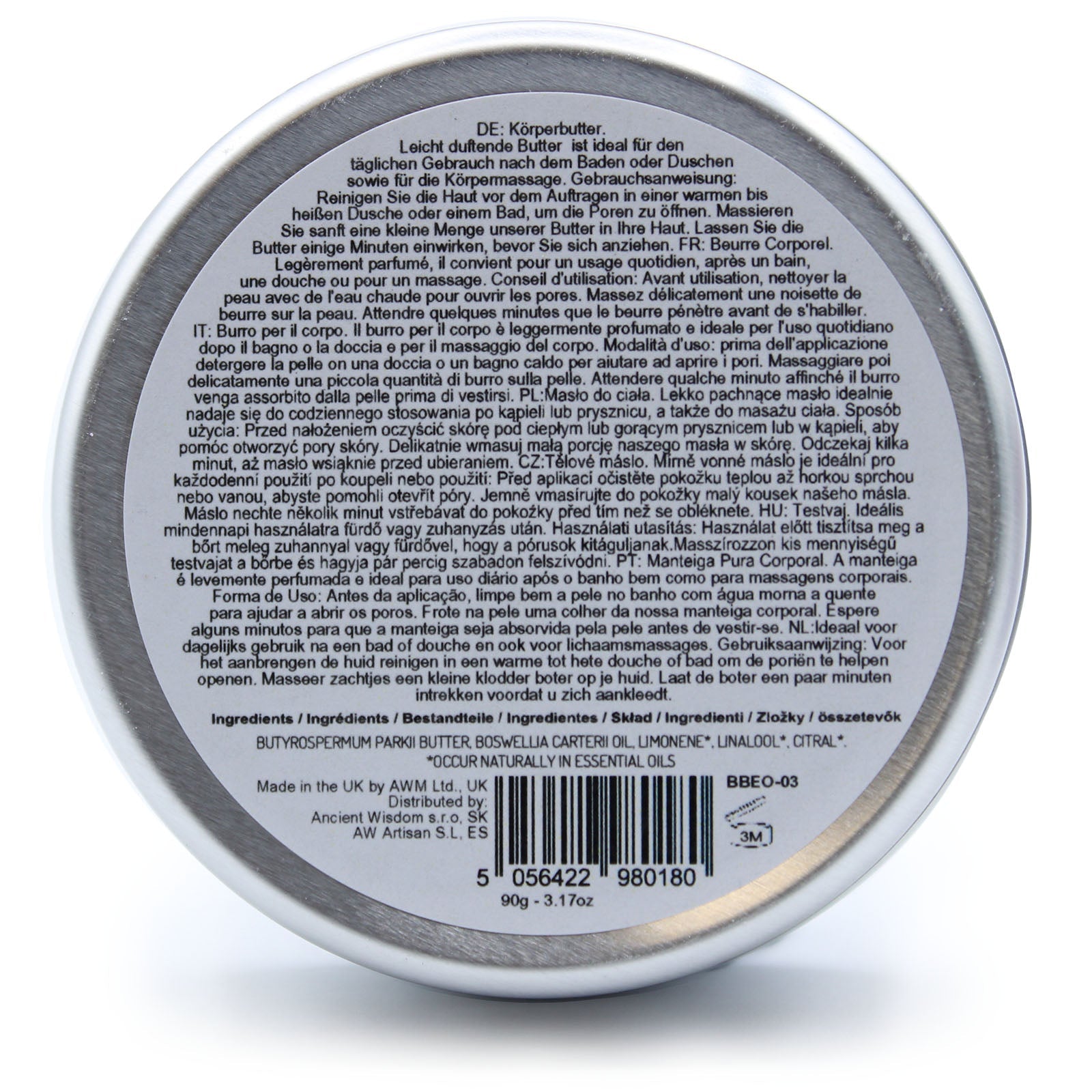 Frankincense Vegan-Friendly Shea Body Butter 90g shown from the base with a circular information label and barcode by Quintessential Holistic Health Ltd