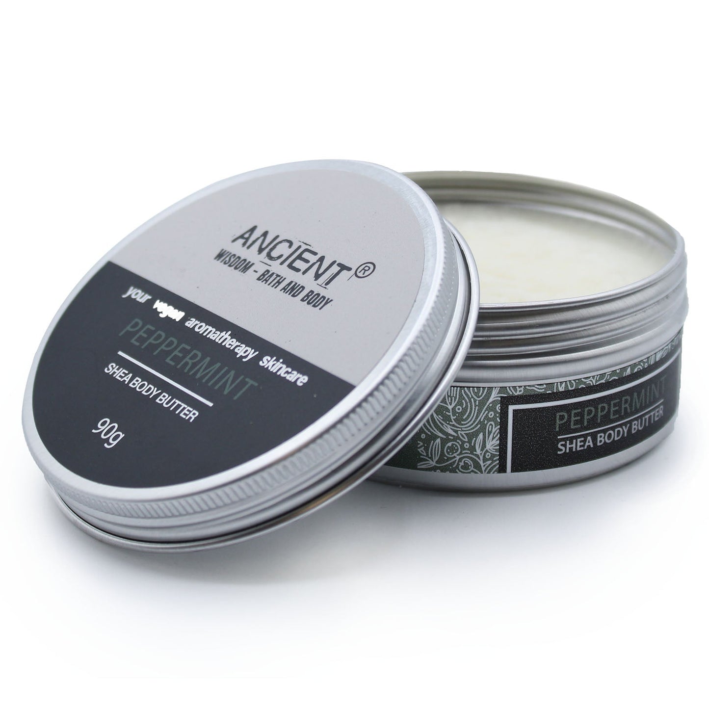 90g Vegan-Friendly Pure Essential Oil Aromatherapy Shea Body Butter - Peppermint product packaging on clean background from Quintessential Holistic Health Ltd