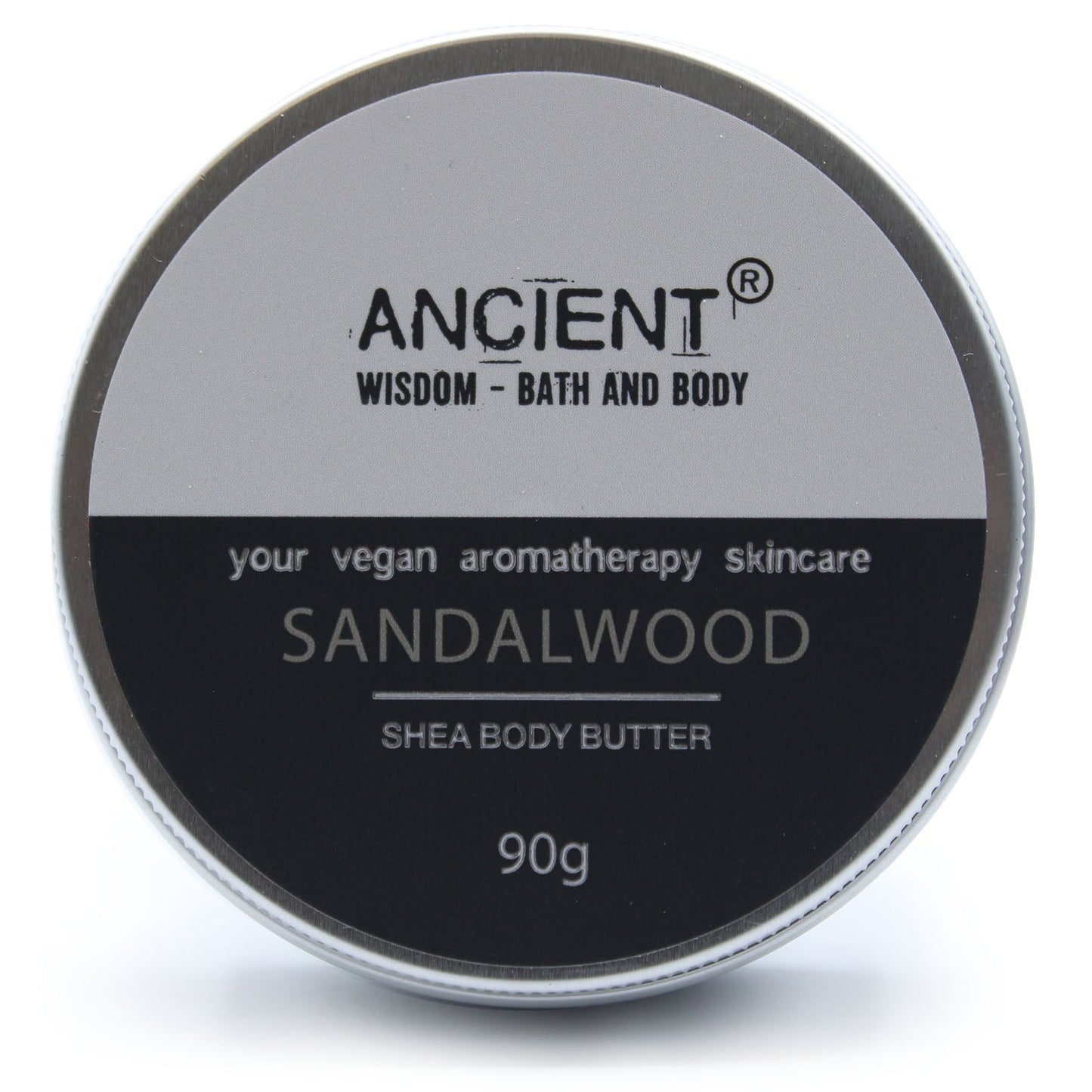 Sandalwood Vegan-Friendly Shea Body Butter 90g shown as a closed round tin with its front label visible by Quintessential Holistic Health Ltd