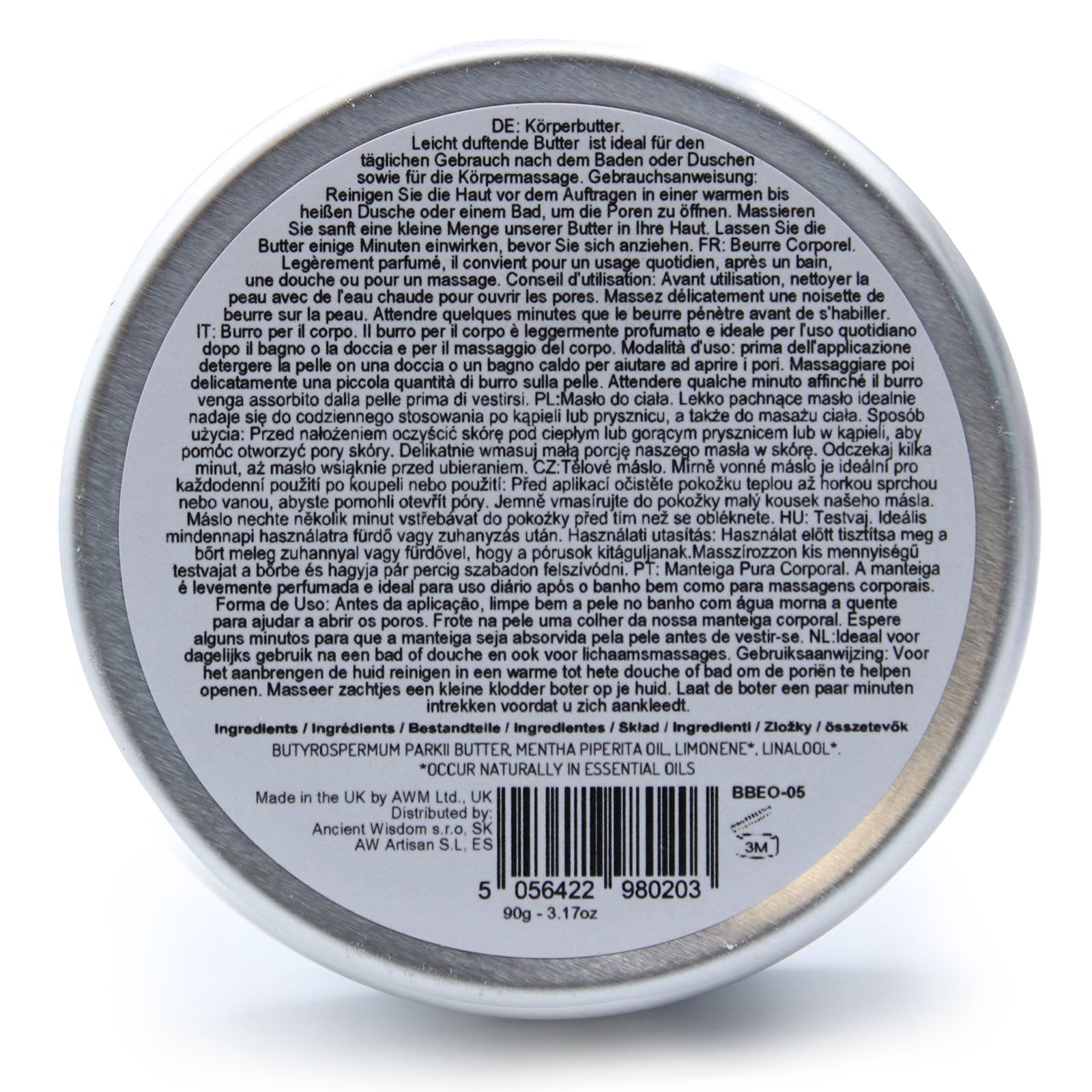 Sandalwood Vegan-Friendly Shea Body Butter 90g, round tin base with dense printed label and barcode by Quintessential Holistic Health Ltd