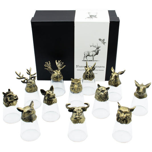 Set of 12 x 25ml Mystical Forest Creatures Glasses - Antique Bronze product packaging on clean background from Quintessential Holistic Health Ltd