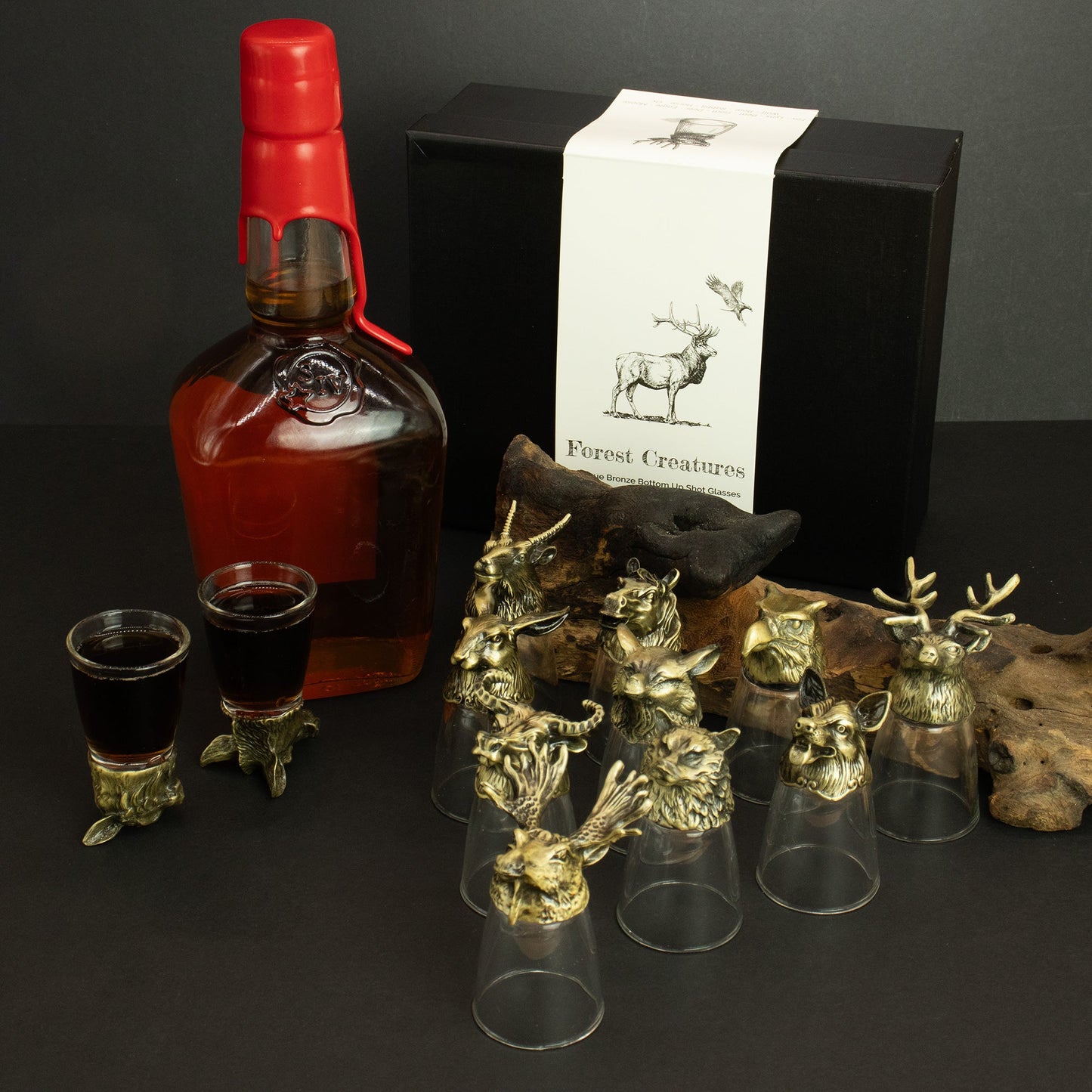 Set of 12 x 25ml Mystical Forest Creatures Glasses - Antique Bronze product packaging on clean background from Quintessential Holistic Health Ltd