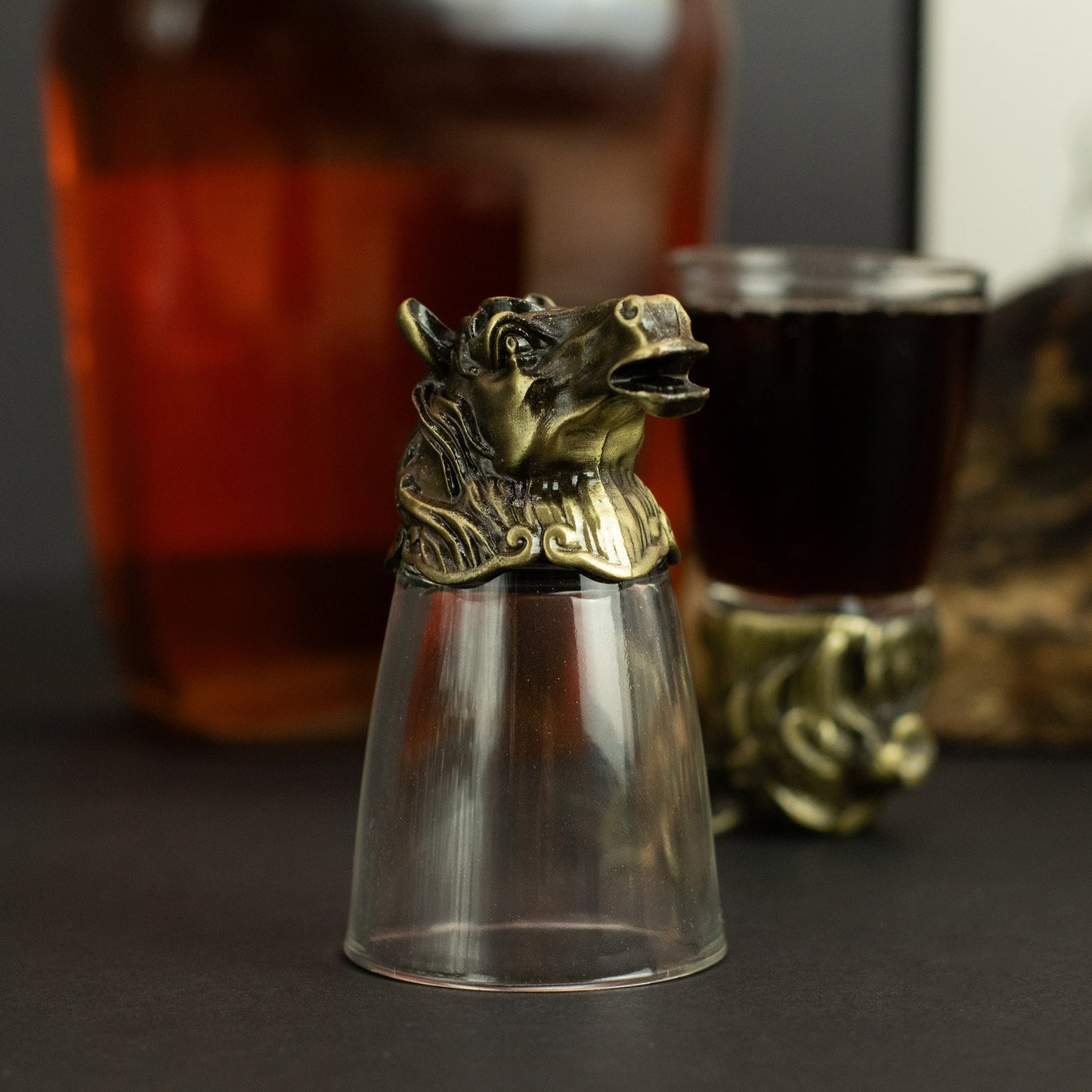 Set of 12 x 25ml Mystical Forest Creatures Glasses - Antique Bronze product packaging on clean background from Quintessential Holistic Health Ltd