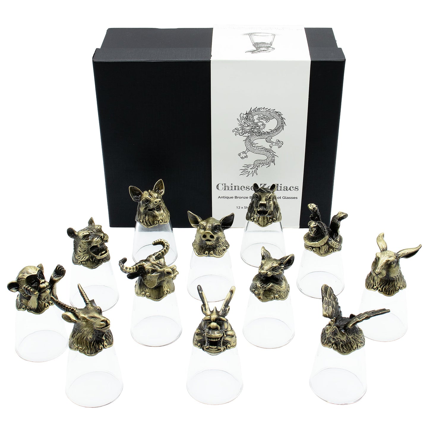 Set of 12 x 25ml Mystical Zodiac Creatures Glasses - Antique Bronze product packaging on clean background from Quintessential Holistic Health Ltd