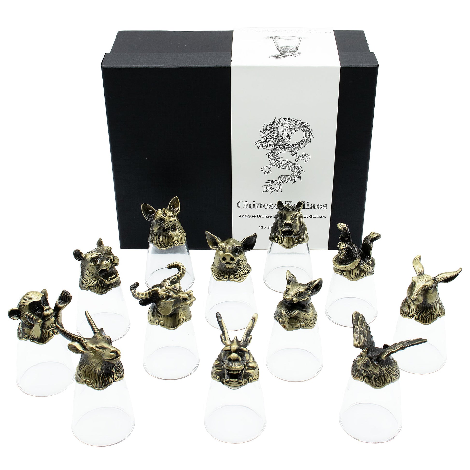 Set of 12 x 25ml Mystical Zodiac Creatures Glasses - Antique Bronze product packaging on clean background from Quintessential Holistic Health Ltd
