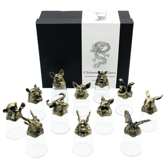 Set of 12 x 25ml Mystical Zodiac Creatures Glasses - Antique Bronze product packaging on clean background from Quintessential Holistic Health Ltd