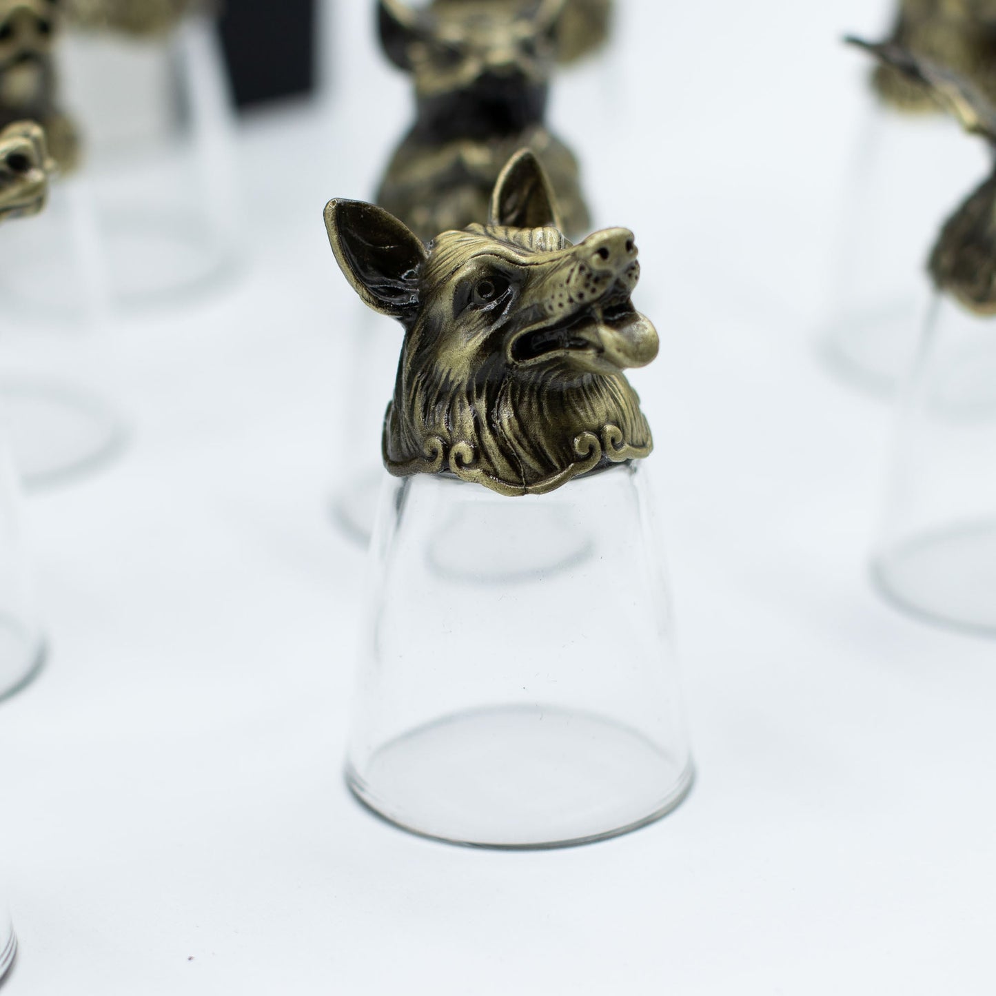 Set of 12 x 25ml Mystical Zodiac Creatures Glasses - Antique Bronze product packaging on clean background from Quintessential Holistic Health Ltd
