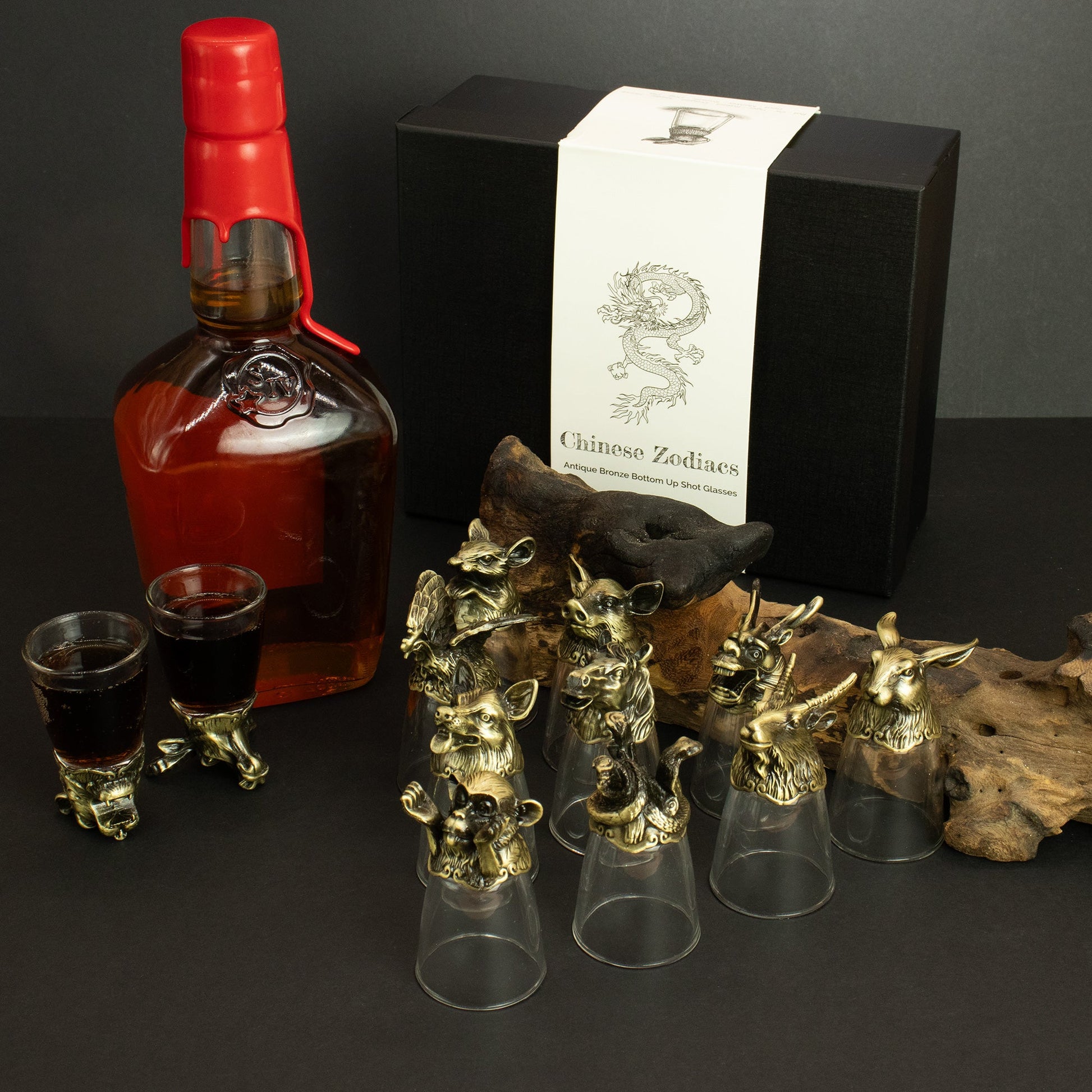 Set of 12 x 25ml Mystical Zodiac Creatures Glasses - Antique Bronze product packaging on clean background from Quintessential Holistic Health Ltd