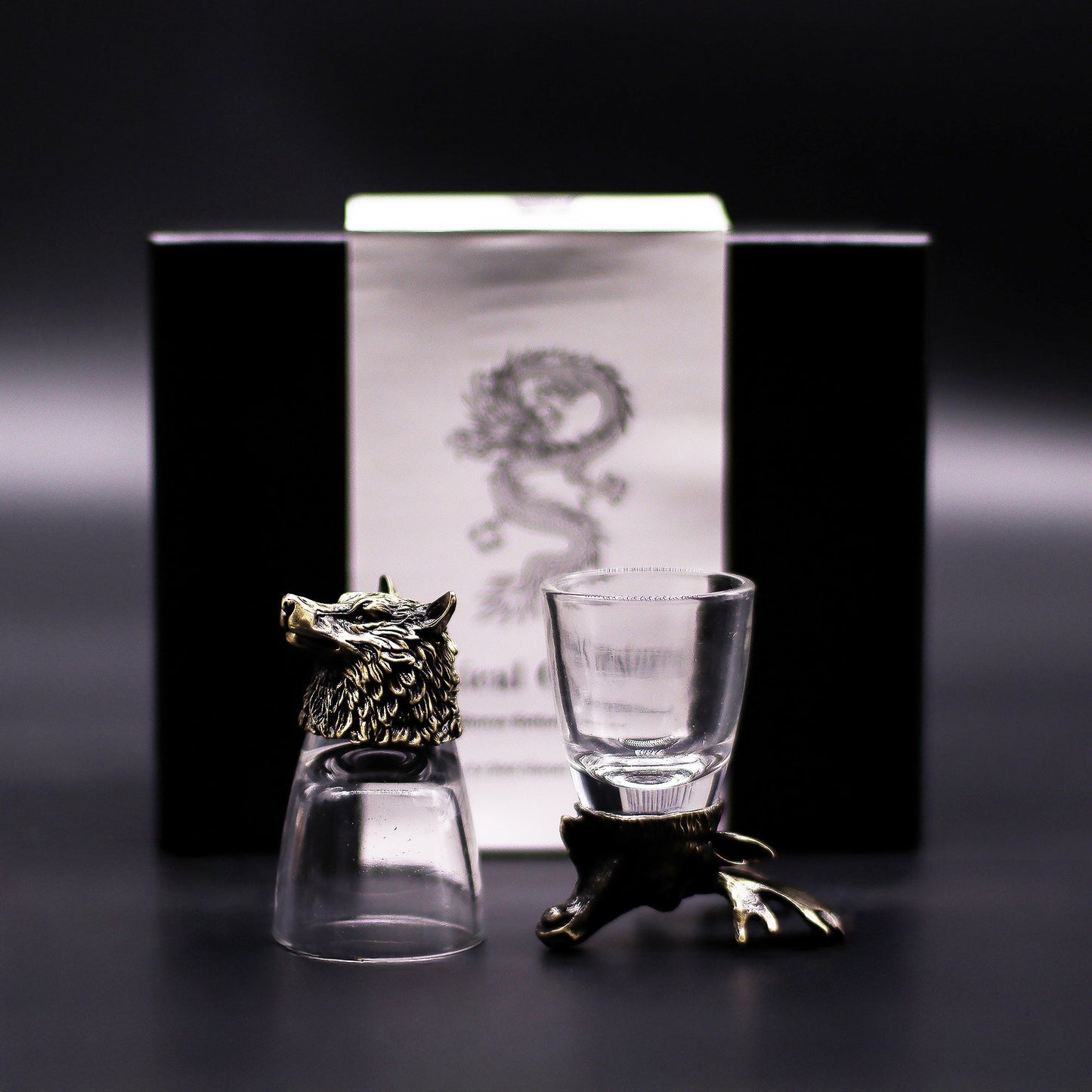 Set of 6 x 50ml Wild Forest Creatures Glasses- Antique Bronze product packaging on clean background from Quintessential Holistic Health Ltd