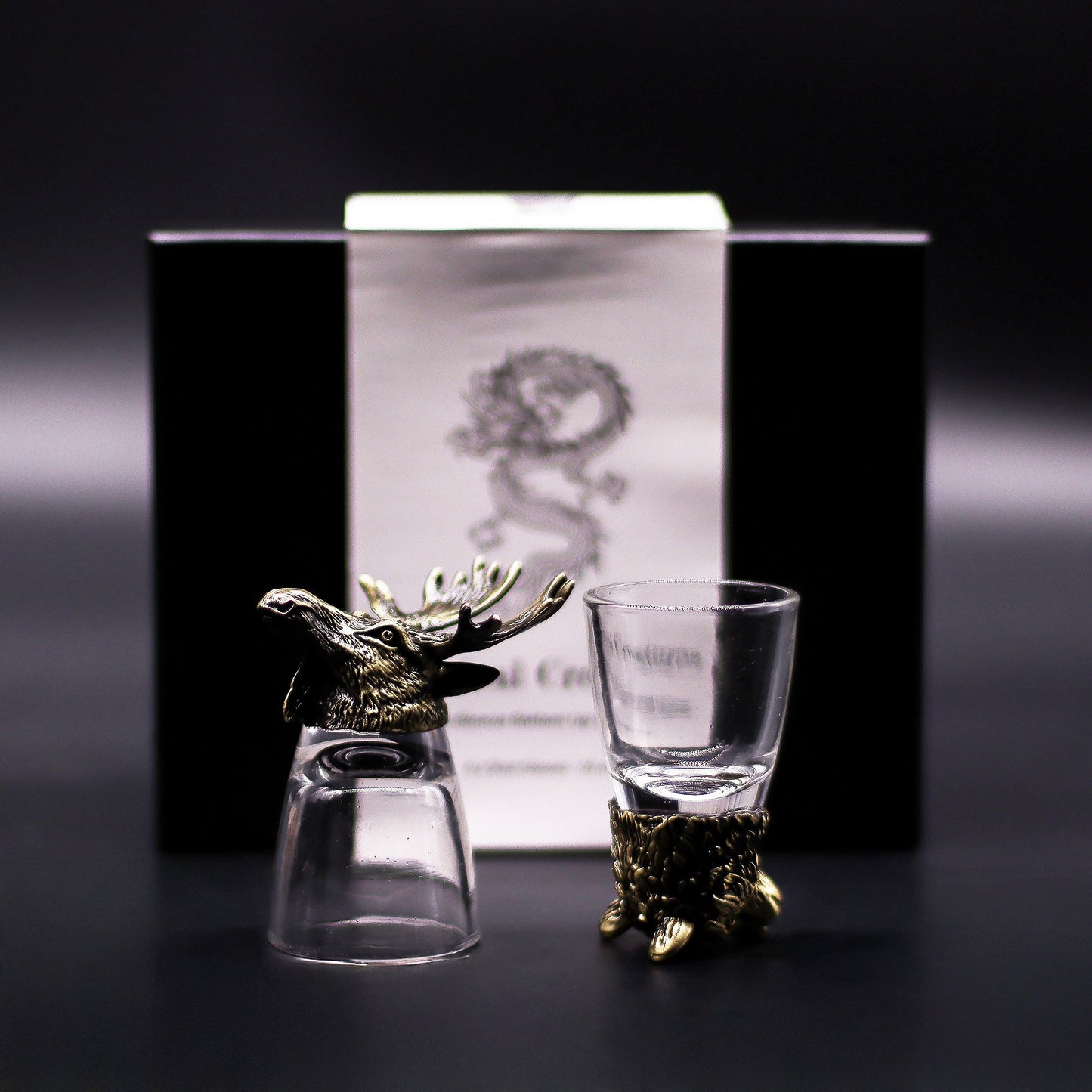 Set of 6 x 50ml Wild Forest Creatures Glasses- Antique Bronze product packaging on clean background from Quintessential Holistic Health Ltd