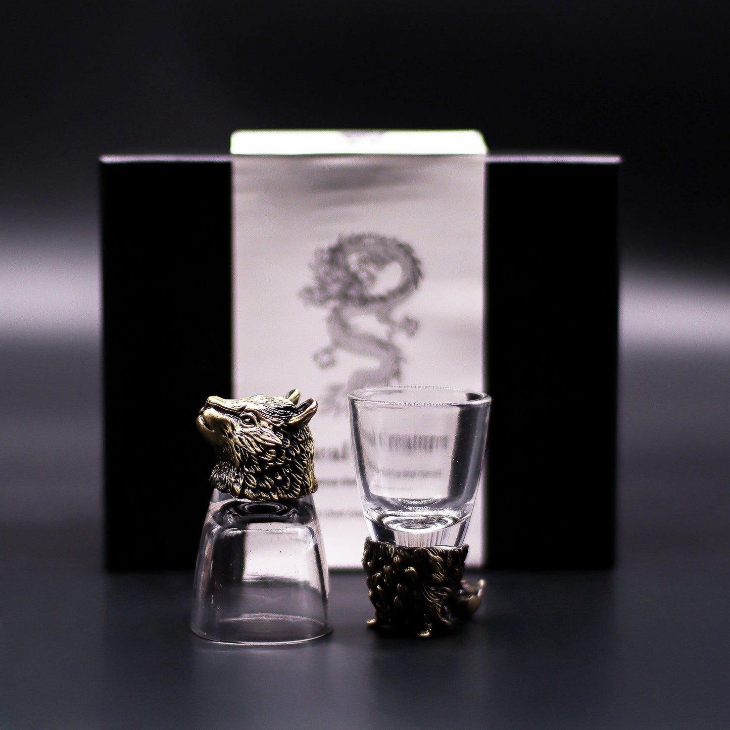 Set of 6 x 50ml Wild Forest Creatures Glasses- Antique Bronze product packaging on clean background from Quintessential Holistic Health Ltd