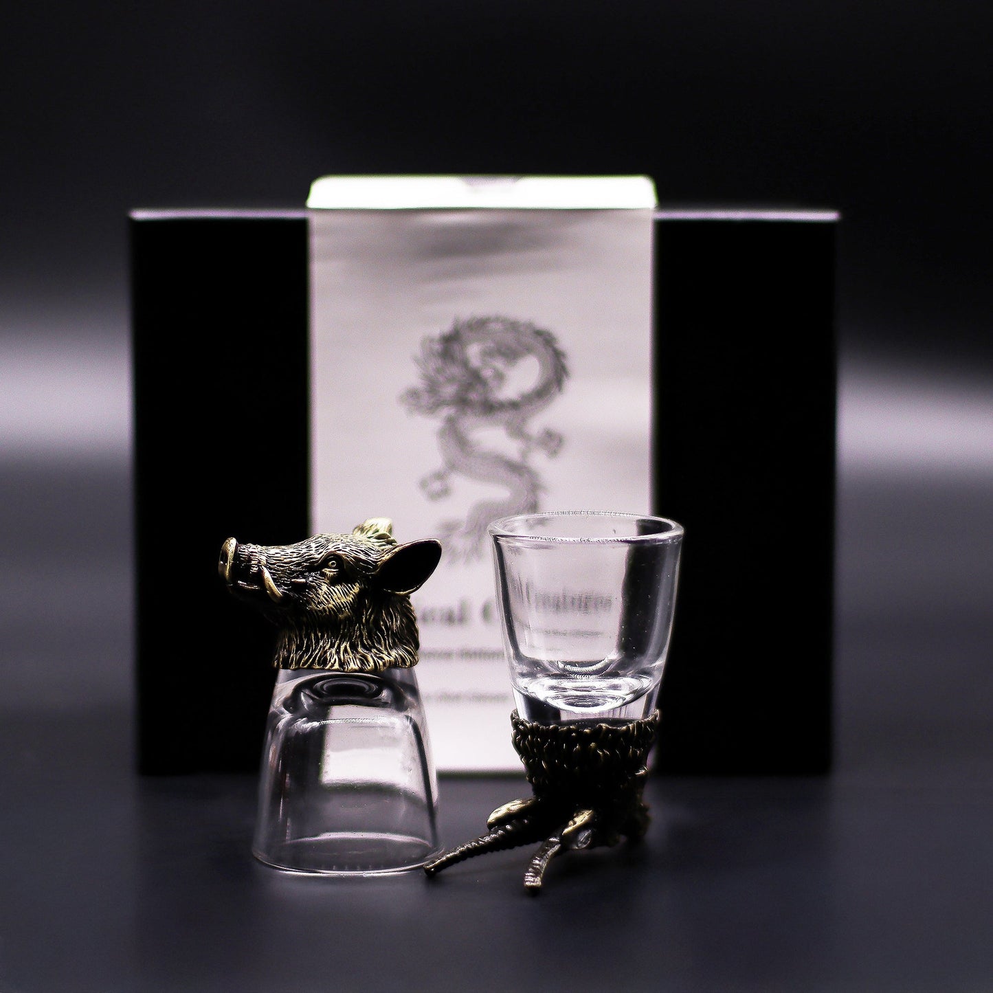 Set of 6 x 50ml Wild Forest Creatures Glasses- Antique Bronze product packaging on clean background from Quintessential Holistic Health Ltd